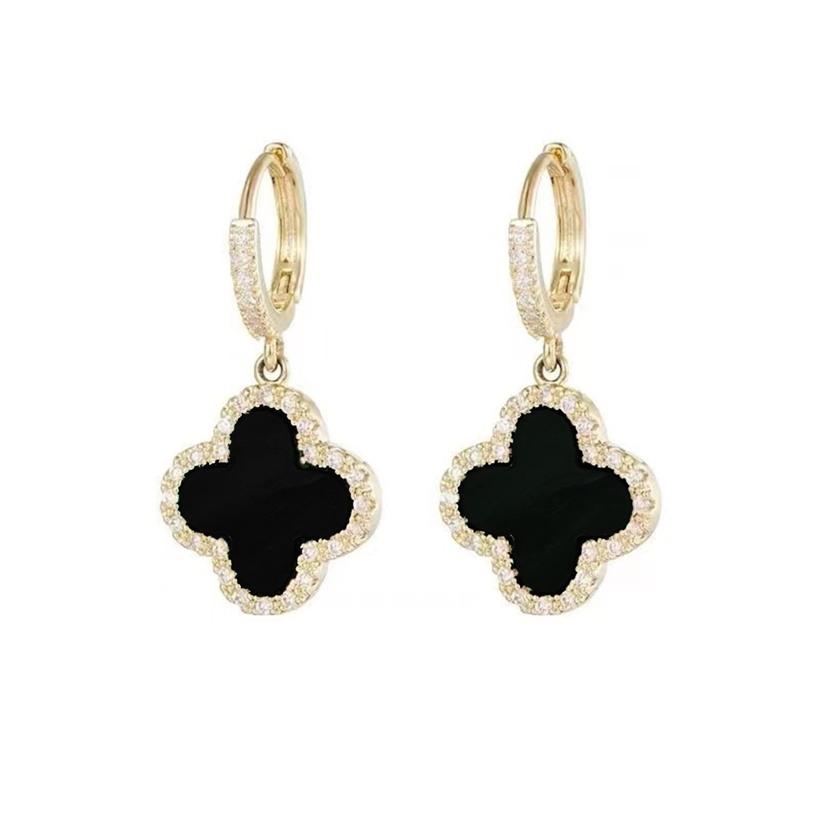 Four Leaf Clover Stud Earrings - Sparkling Shamrock Jewelry with Green Crystals for Women & Girls | St. Patrick's Day Irish Luck Accessories | Valentine's Day Gift & Everyday Wear (Black)