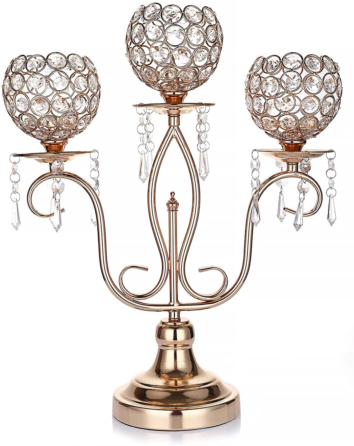 3-Arm Gold Metal Crystal Candle Holder - Elegant Candelabra for Wedding Centerpieces, Dining Table Decor & Home Decoration - Perfect for Romantic Dinners, Holiday Decor & Special Occasions
