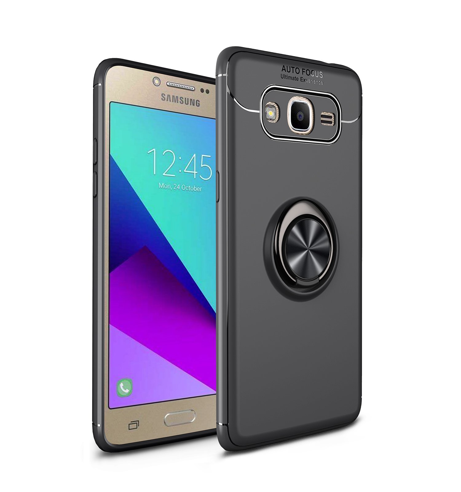 Samsung Galaxy J2 Prime (G530) Shockproof Case with Rotatable Metal Ring Holder & Kickstand - Ultra-Slim Protective Cover for Magnetic Car Mount - Perfect for Driving, Travel & Daily Use (All Black)