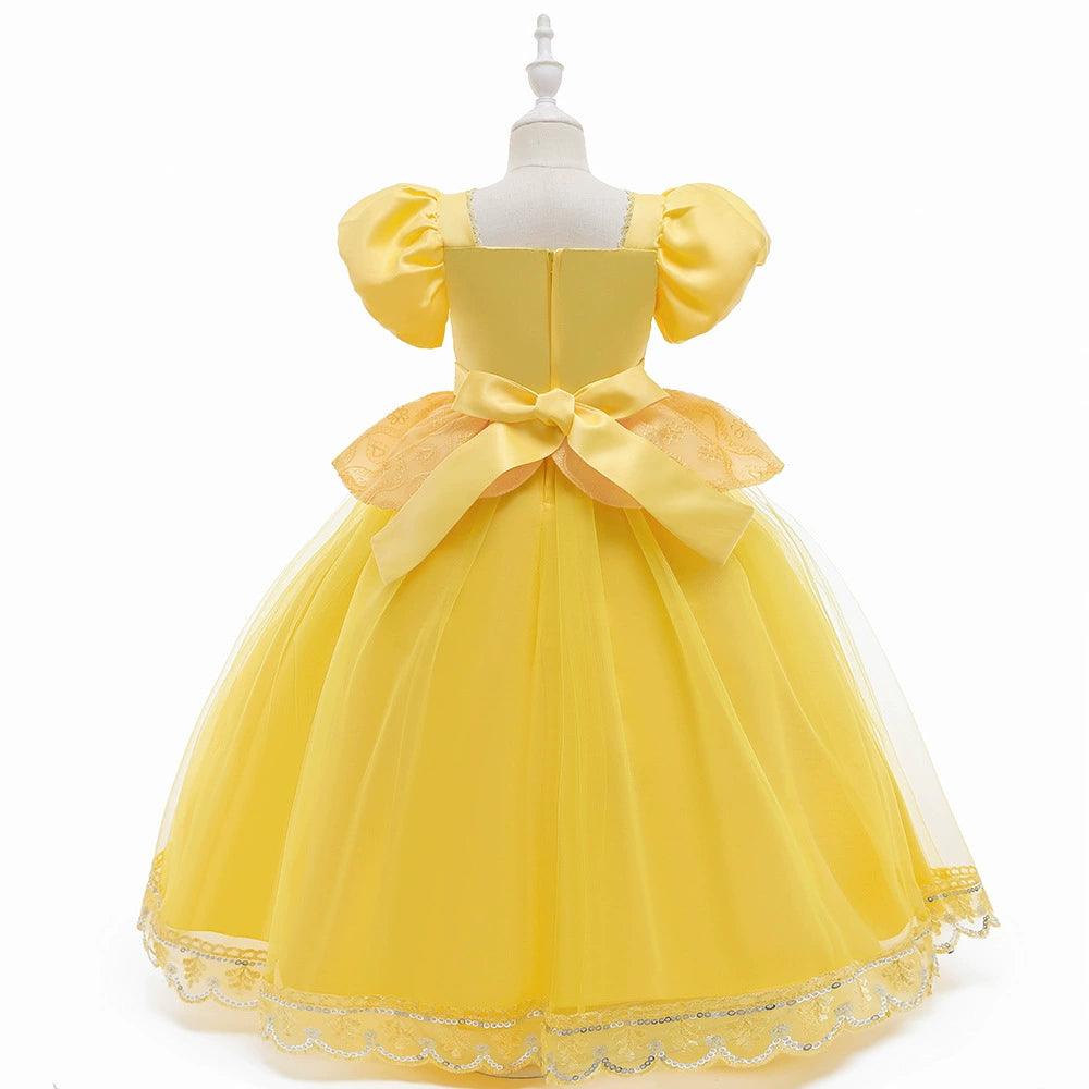 Yellow Princess Square Neck Floor Length Lace Flower Girl Dress for Weddings, Baptisms & Special Occasions