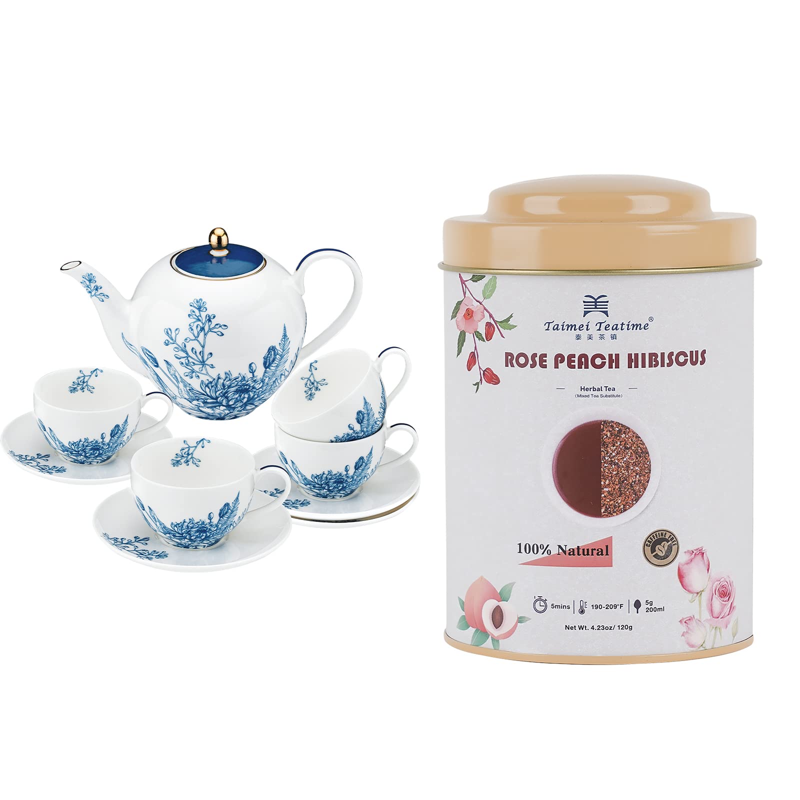 Premium White Ceramic Tea & Coffee Set with Organic Rose Peach Hibiscus Herbal Tea (120g) - Caffeine-Free Loose Leaf for Hot or Iced Tea - Perfect for Afternoon Tea, Relaxation & Gifts