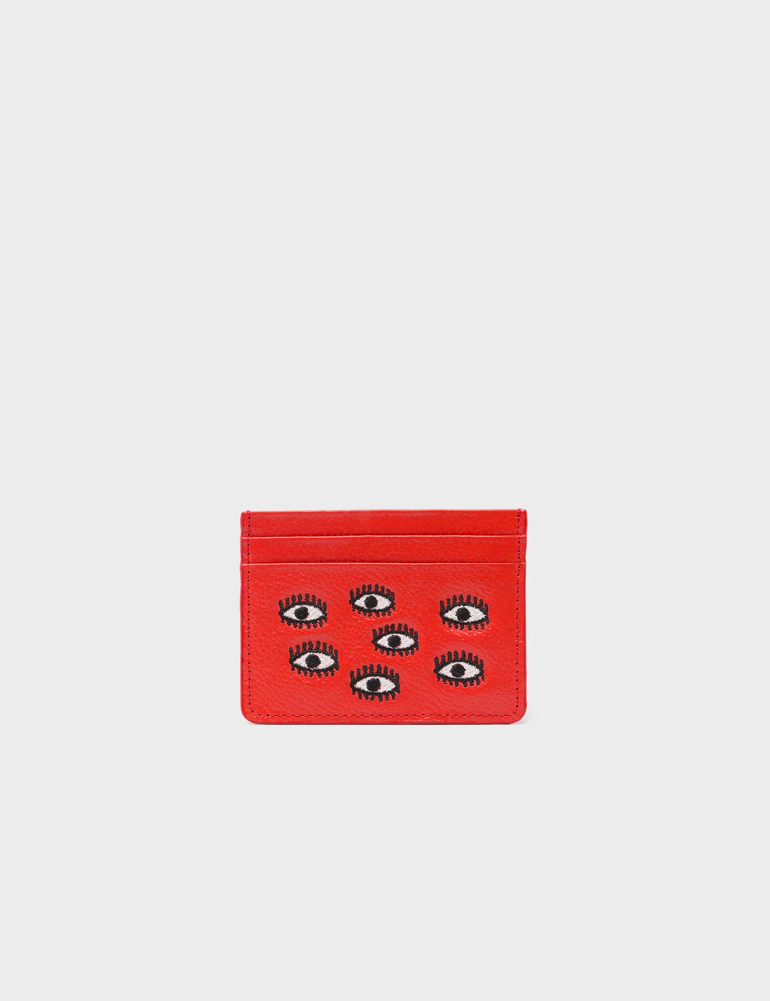 Filium Poppy Red Leather Cardholder with All Over Eyes Embroidery - Slim RFID Blocking Wallet for Credit Cards & Cash - Perfect for Everyday Use, Travel, and Gifts