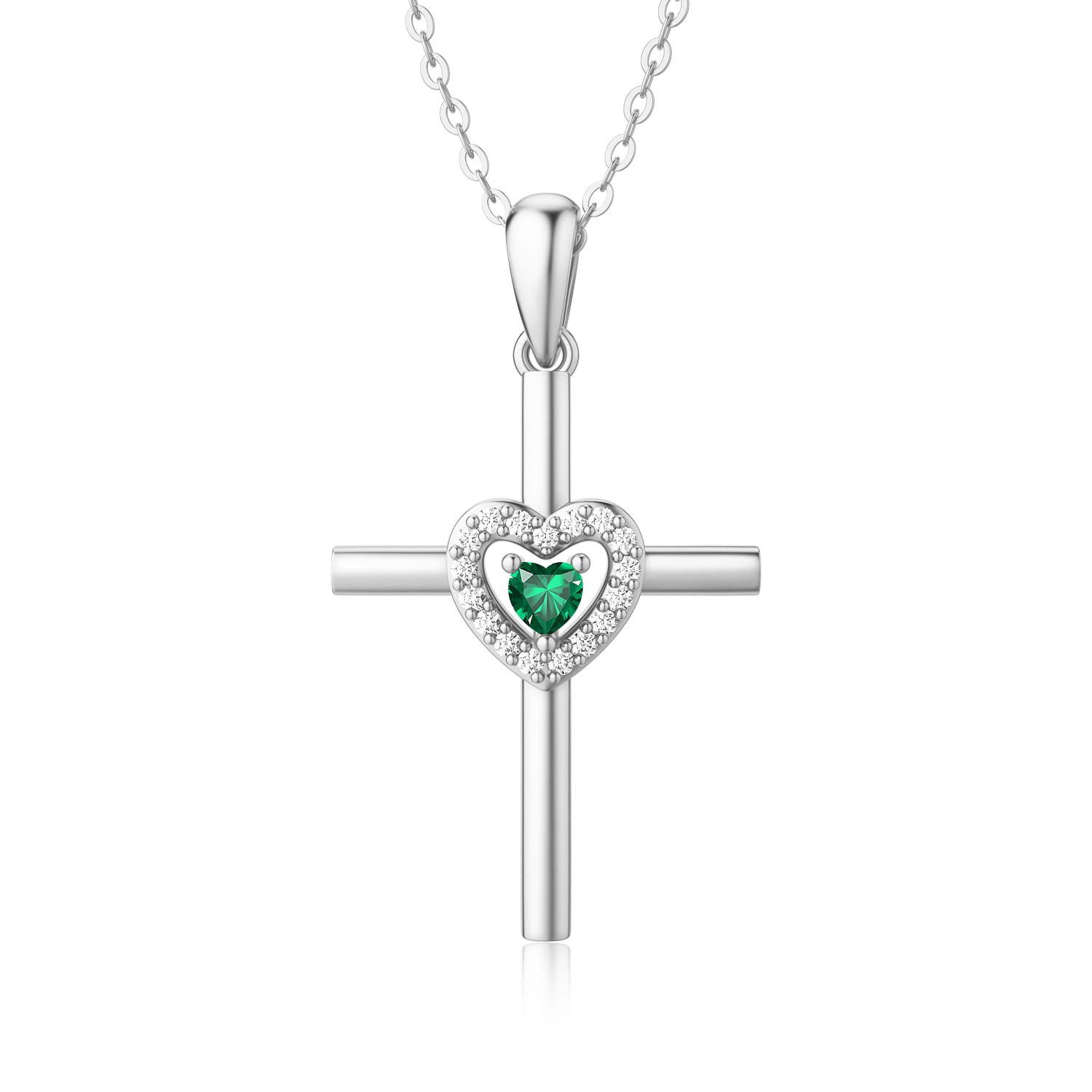 Sterling Silver Cross Pendant Necklace for Women with Heart Birthstone - Religious Jewelry Gift for Mom, Teen Girls - 18+2 Inch Chain - Perfect for Birthdays, Baptisms & Everyday Wear