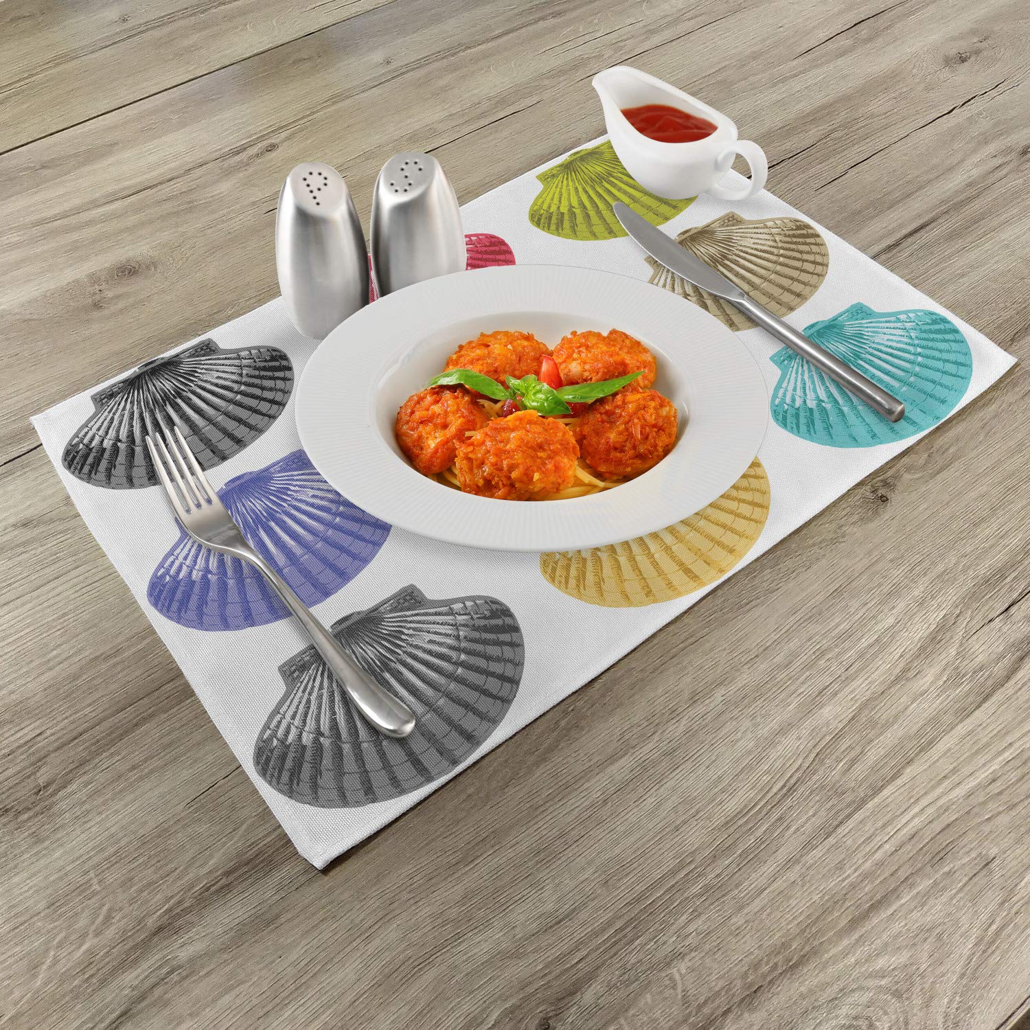 Ambesonne 4-Piece Seashell Placemats Set - Vibrant Ocean Pop Art Design, Washable Fabric Table Mats for Dining Room & Kitchen Decor | Perfect for Beach-Themed Parties, Summer Entertaining & Coastal Home Styling