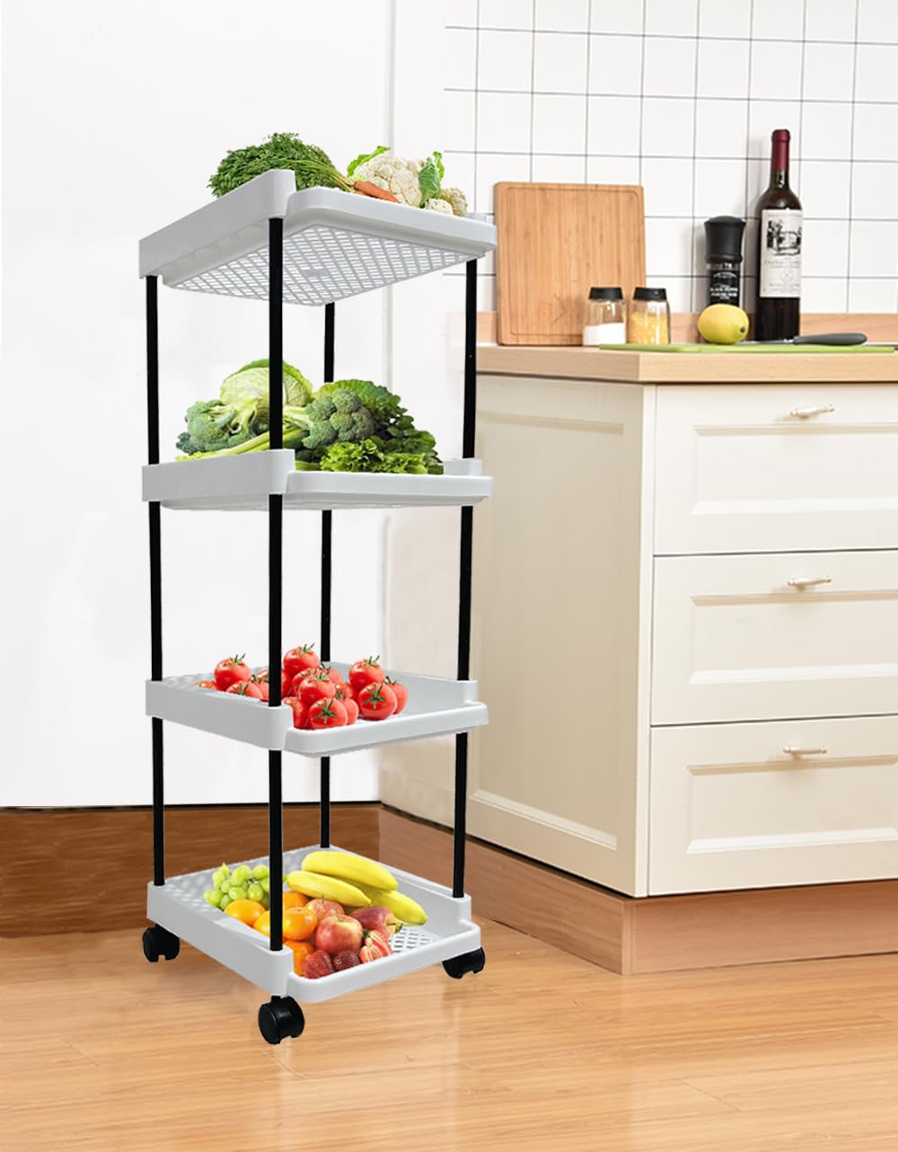 RAXON WORLD 4-Tier Rotating Kitchen Storage Organizer - White Plastic Round Vegetable & Fruit Basket for Onions, Spice Jars, Cutlery | Space-Saving Pantry & Countertop Organizer