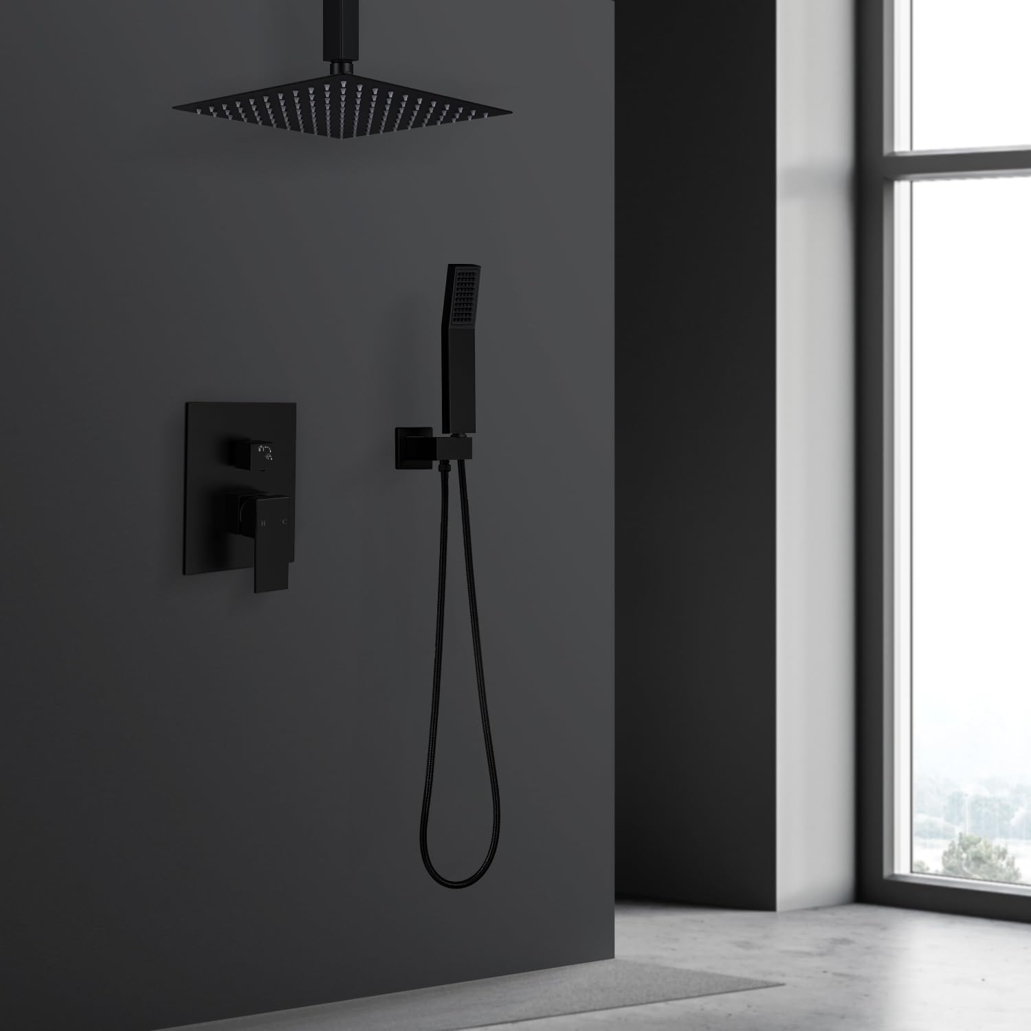 10 Inch Square Ceiling Mount Rainfall Shower System - SUS304 Stainless Steel Shower Faucet Set with Black Trim Kit for Modern Bathroom | Perfect for Spa-Like Experience & Luxury Home Renovation