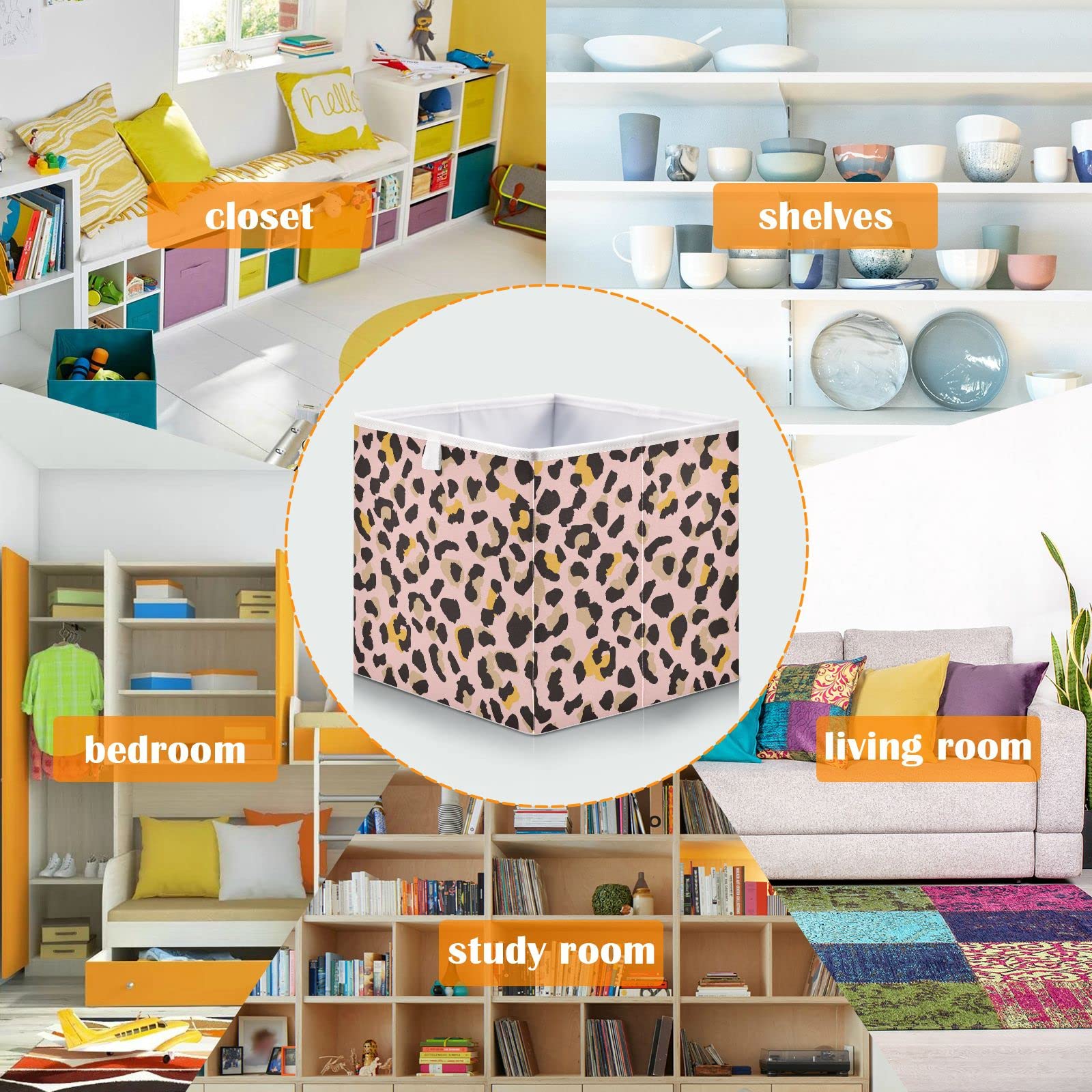 Foldable Collapsible Leopard Print Storage Baskets - 16 x 11 Inch Organizer Bins for Shelves, Closet, Pantry | Perfect for Toys, Books, Clothes & Office Supplies | Space-Saving Home Organization Solution