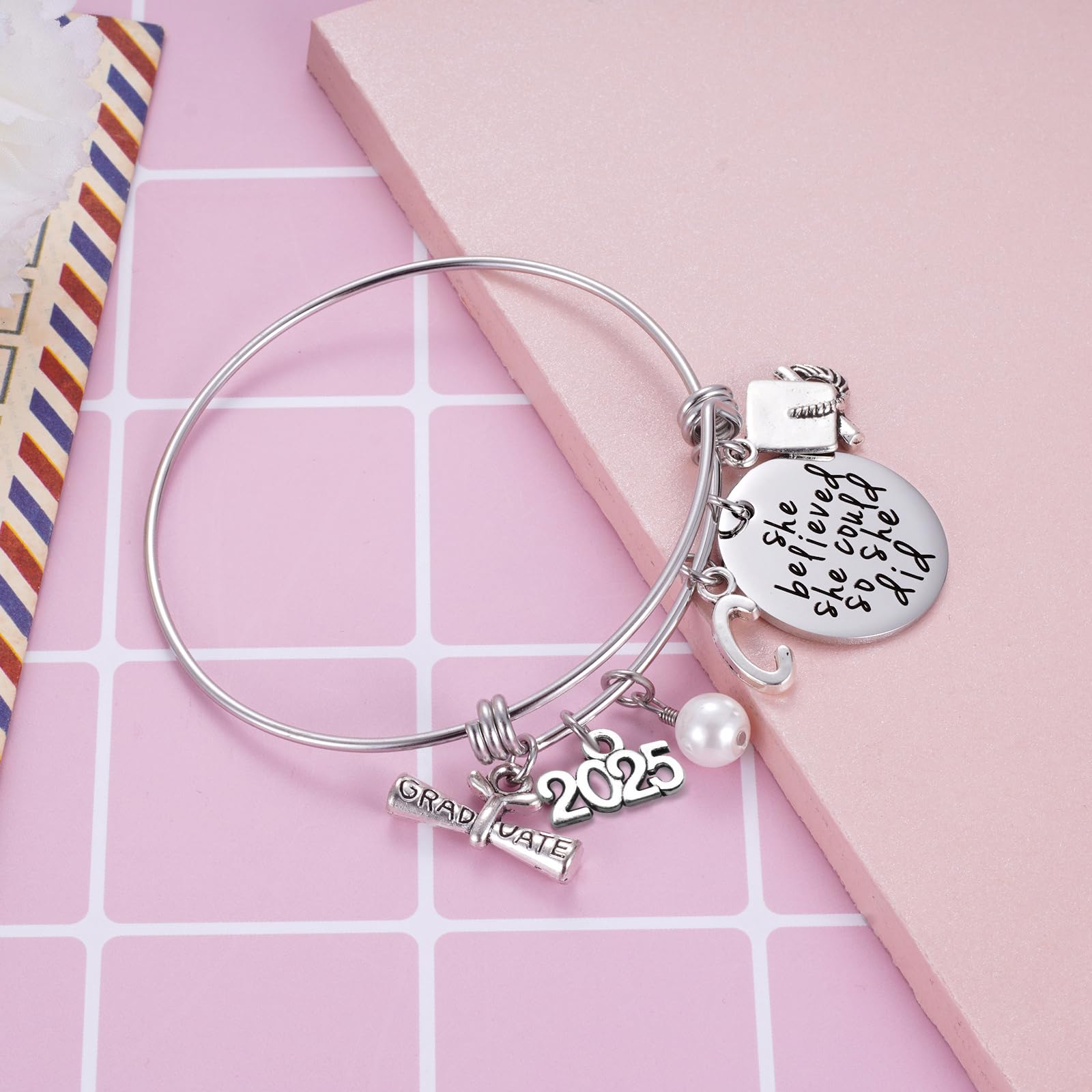 Ukodnus Class of 2025 Graduation Gift Bracelet - Personalized 26 Initial Charm Bracelet for High School & College Seniors - Inspirational Graduation Jewelry for Women - Perfect for Graduation Ceremonies, Parties & Keepsakes