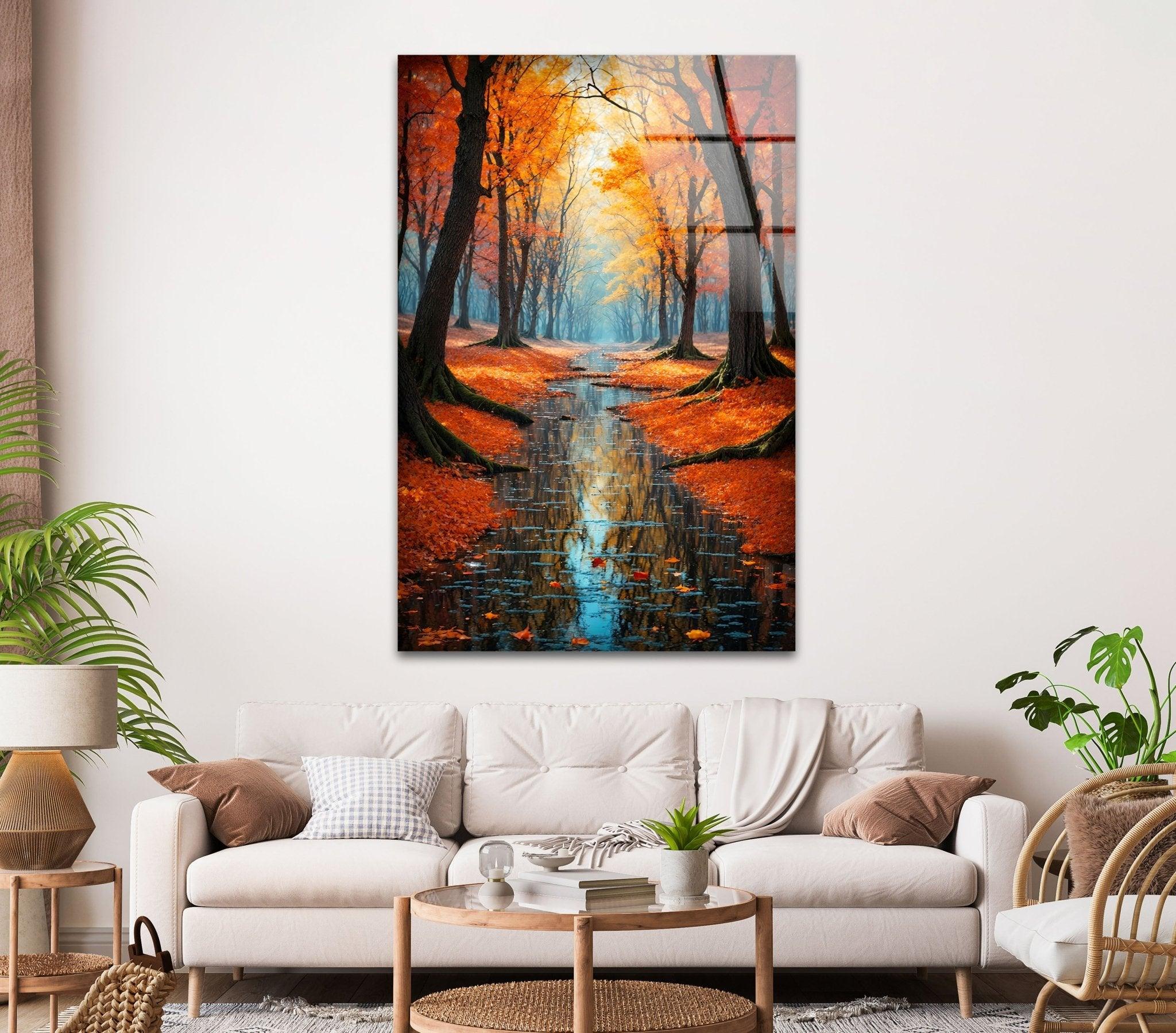 Stunning Fall Forest Art Print on Glass - Autumn Pathway Reflections Wall Decor for Living Room, Bedroom & Office