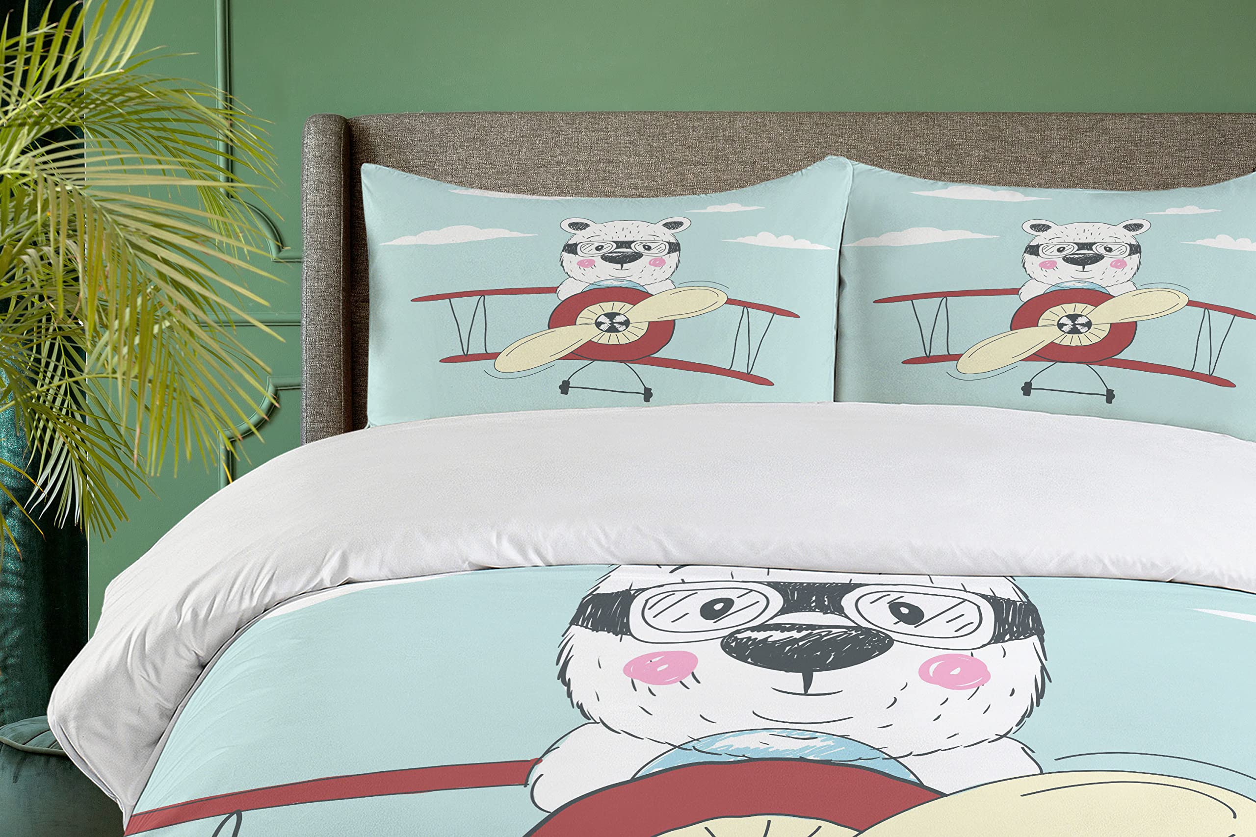 Ambesonne Cartoon Duvet Cover Set - Hand Drawn Pilot Bear Flying Airplane in Sky, Funny Kids Bedding 3-Piece Set with 2 Pillow Shams, California King Size, Pale Blue Cream Ruby - Perfect for Kids' Rooms, Nursery Decor & Whimsical Bedroom Themes