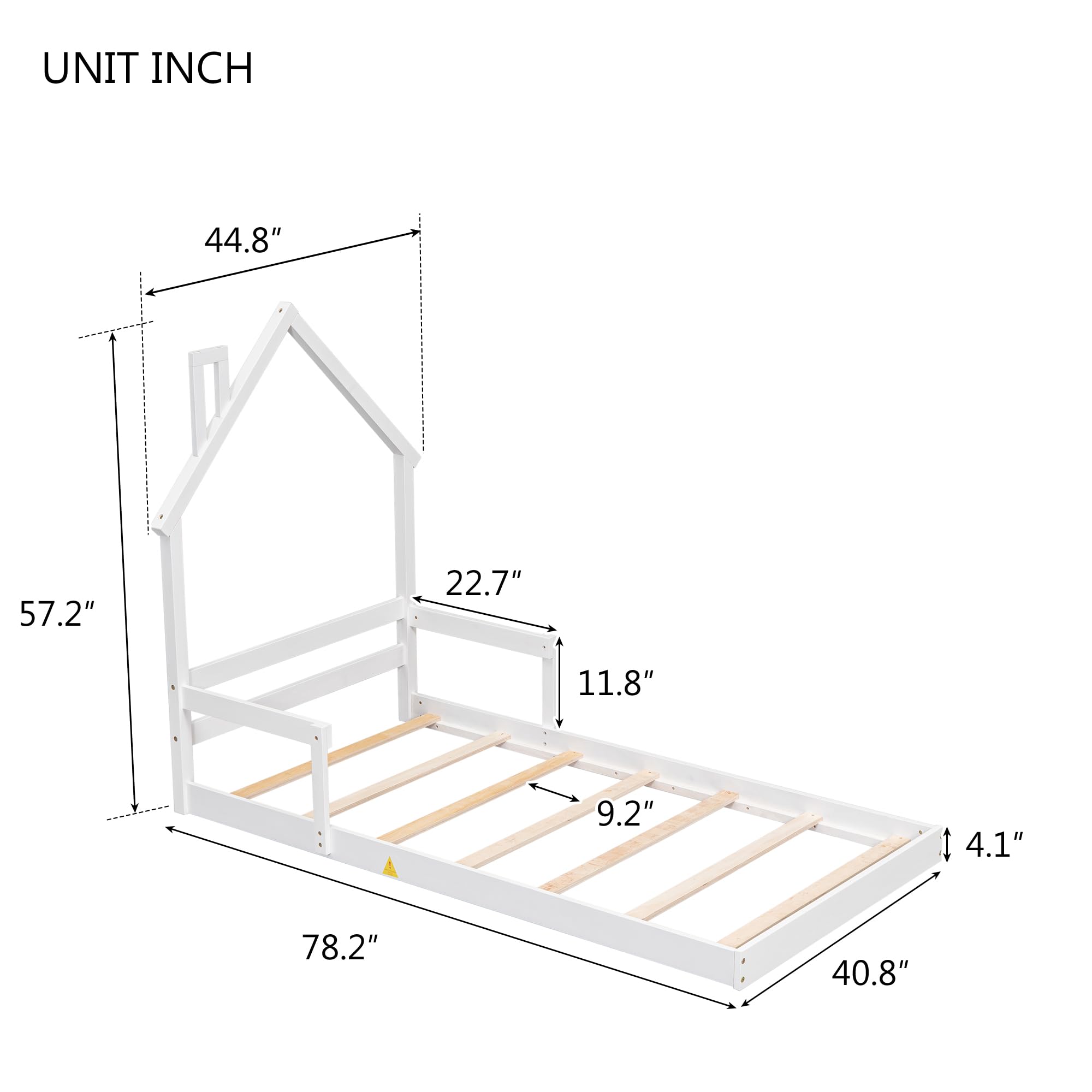 Bellemave Twin Size House-Shaped Headboard Floor Bed for Kids - Montessori Wooden House Bed with Safety Handrails & Slats - Perfect for Girls & Boys Bedrooms (Twin, White) - Ideal for Montessori Rooms, Playrooms & Kids' Bedrooms
