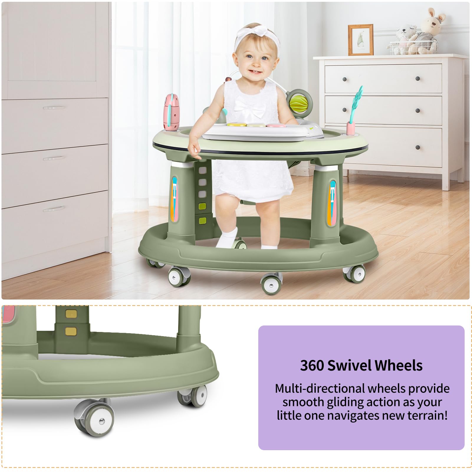 Baby Walker with Music & Lights - Adjustable Height Activity Center for Infants 6-18 Months | 360° Swivel Seat, Detachable Toys & Bounce Pad | Perfect for Learning to Walk & Playtime Fun