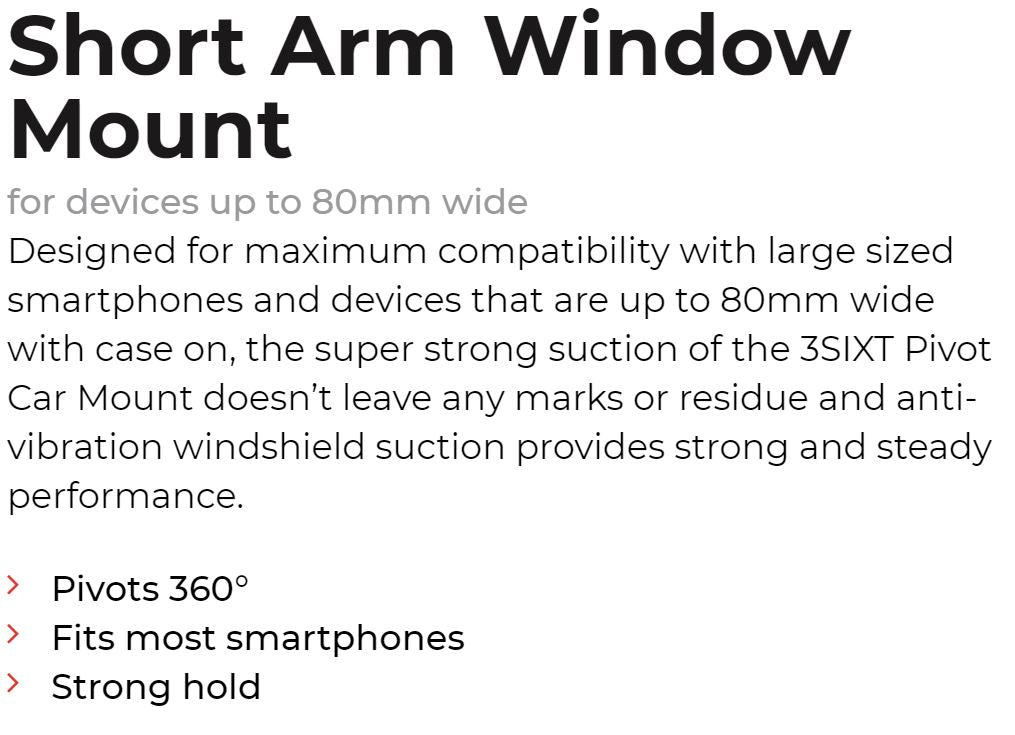3SIXT Short Arm Universal Smartphone Car Mount Holder - Hands-Free Window Dashboard Vent Clip for iPhone Samsung Google Pixel - Perfect for GPS Navigation, Rideshare & Road Trips