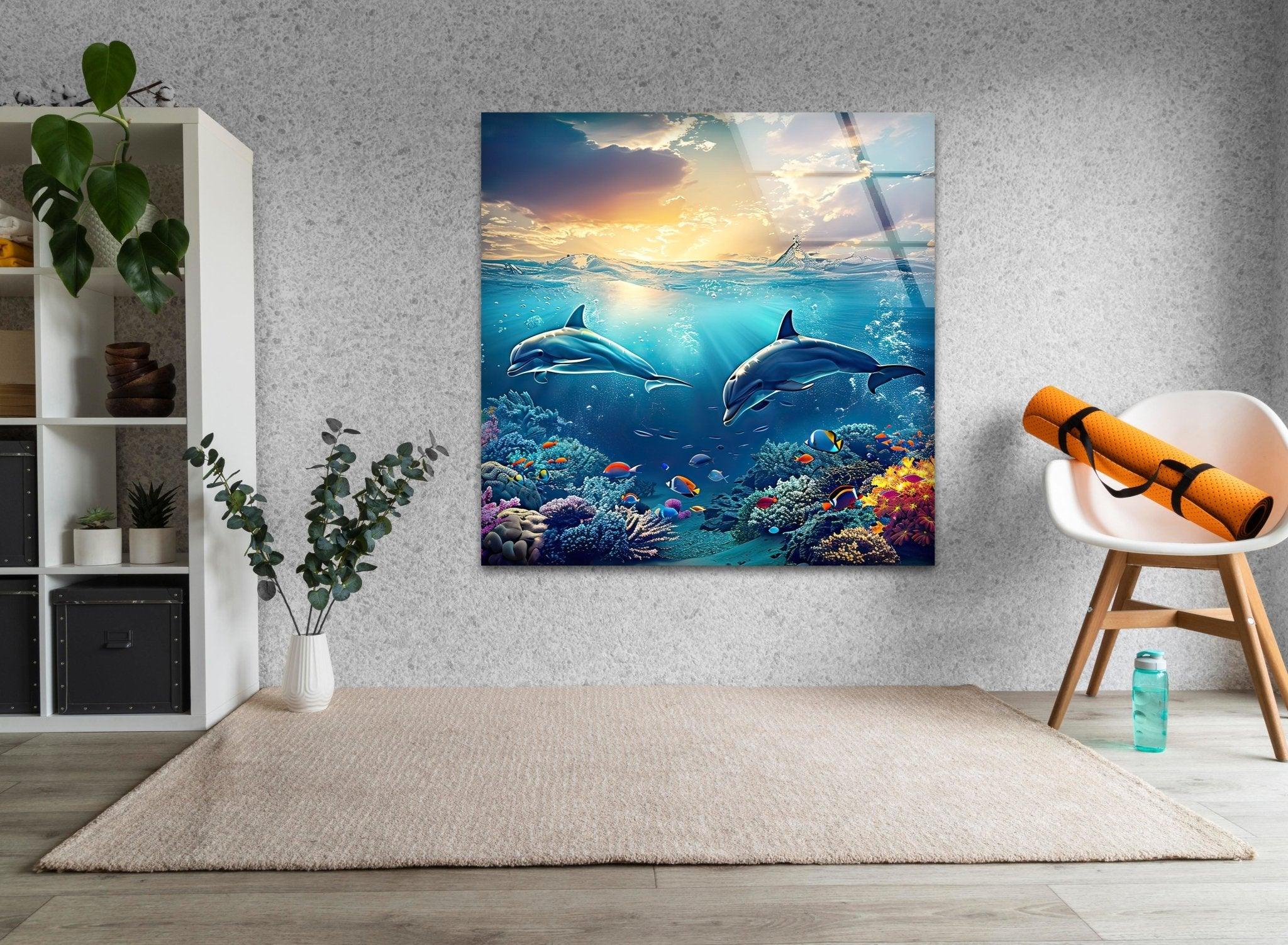 Stunning Dark Blue Dolphins Glass Wall Art - Handmade Ocean Themed Decor for Living Room, Bedroom & Office