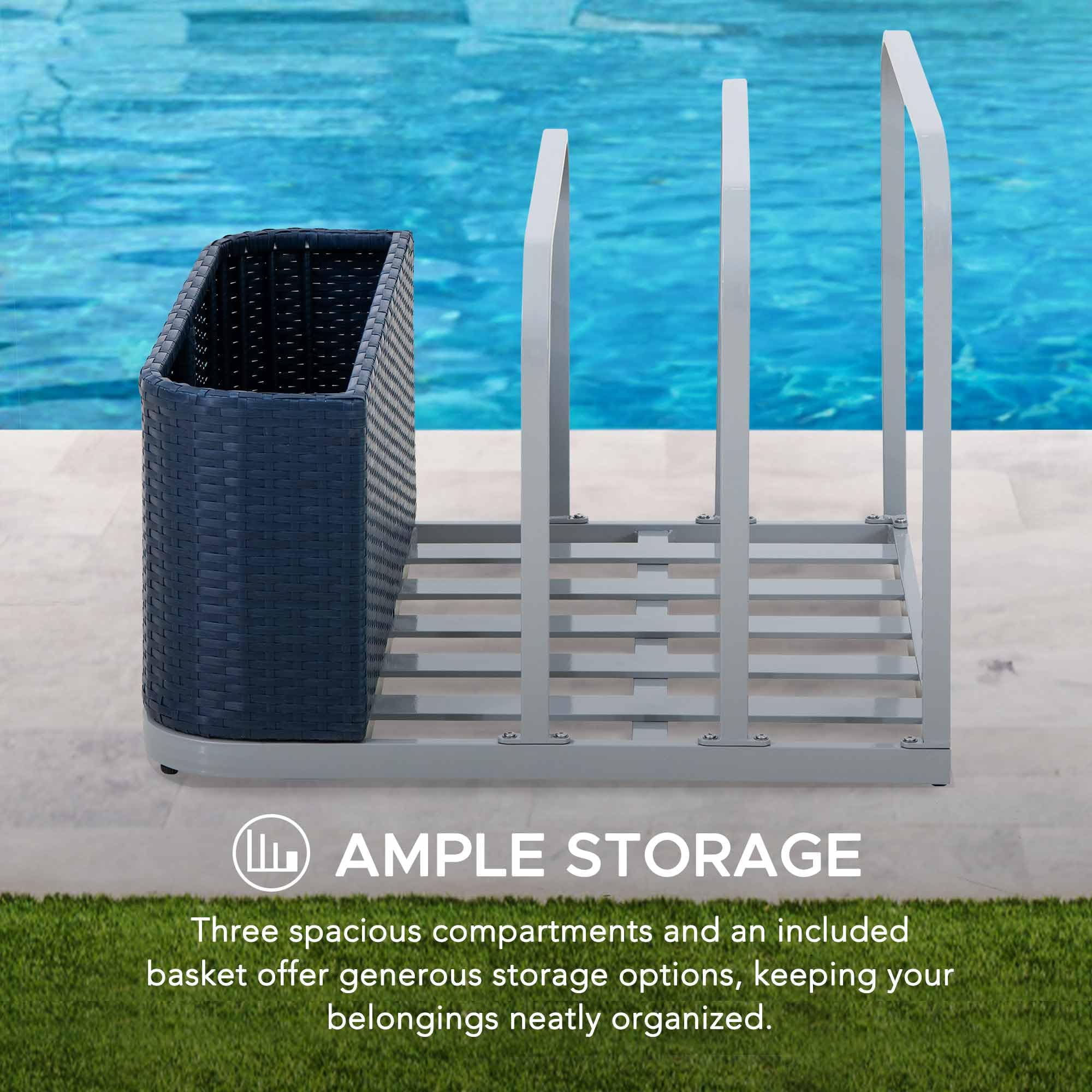 Sunjoy 35-Inch Rust-Proof Aluminum Pool Float Storage Rack – Outdoor Wicker Poolside Organizer for Cushions, Floaties, Noodles & Pool Toys (Navy) – Perfect for Backyard, Poolside & Patio Storage