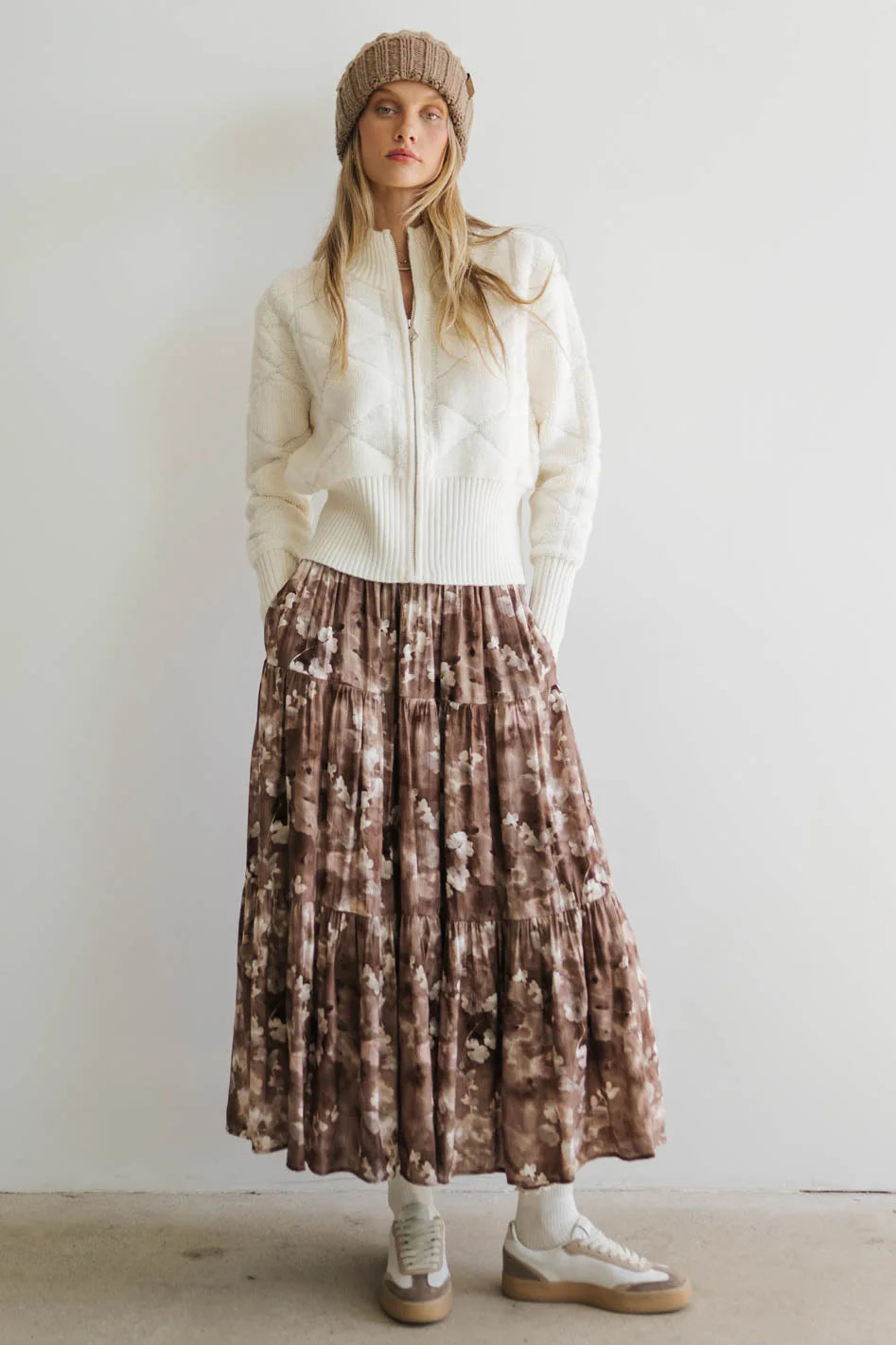 Maxine Floral Skirt for Women - Brown Midi Skirt with Elastic Waist | Perfect for Summer Outfits, Beach Vacations & Boho Fashion