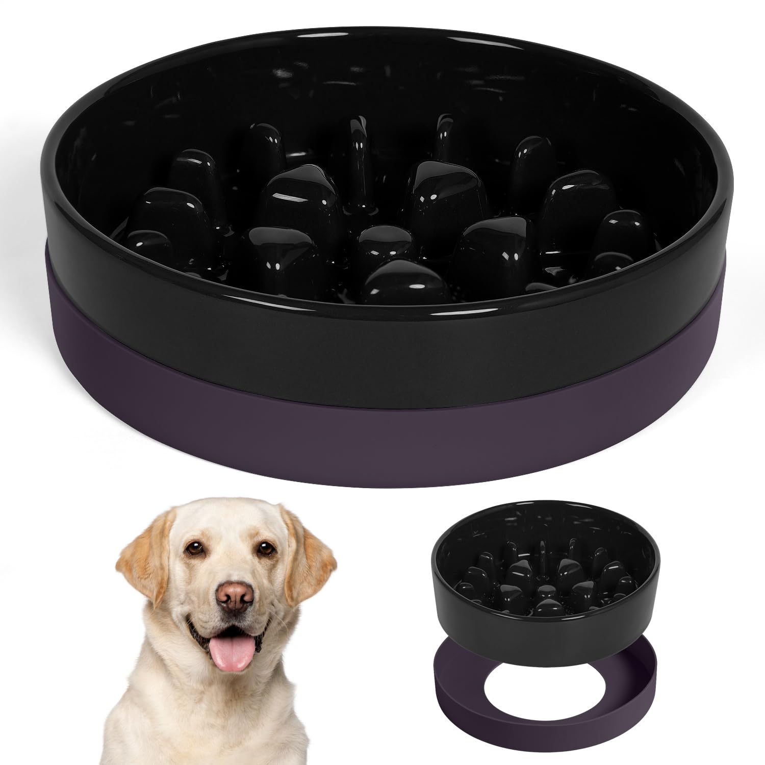 Sted Ceramic Slow Feeder Dog Bowl for Medium & Large Breeds - Non-Slip Silicone Base Puzzle Feeder - Helps Slow Down Fast Eaters & Prevent Bloat - Perfect for Mealtime Enrichment & Portion Control (Maze Black)
