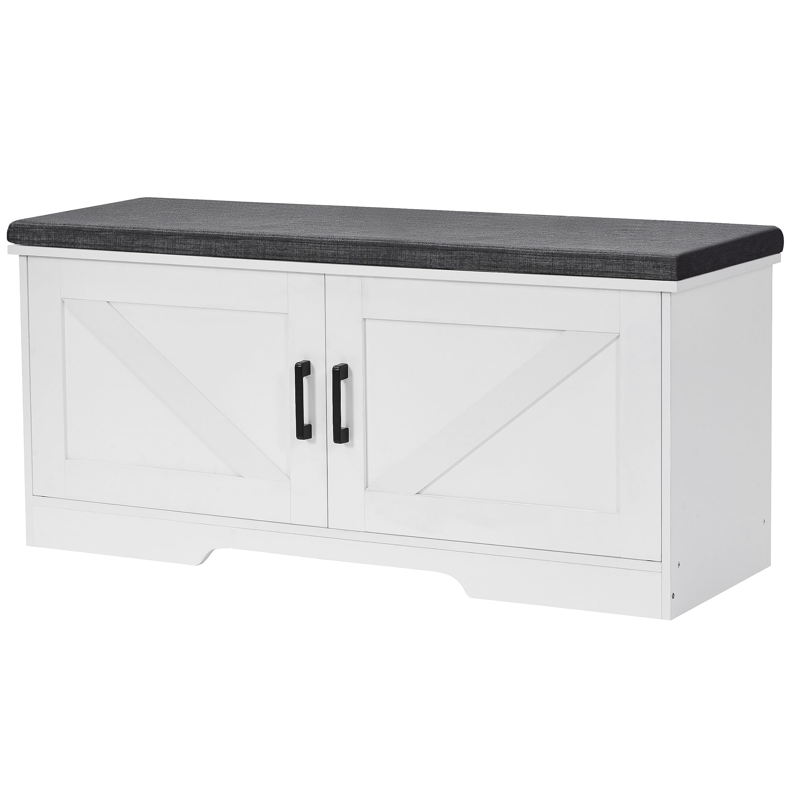 2-Tier Storage Bench with Padded Seat Cushion - Entryway Shoe Bench with Adjustable Shelf & 2 Barn Doors - 13.8