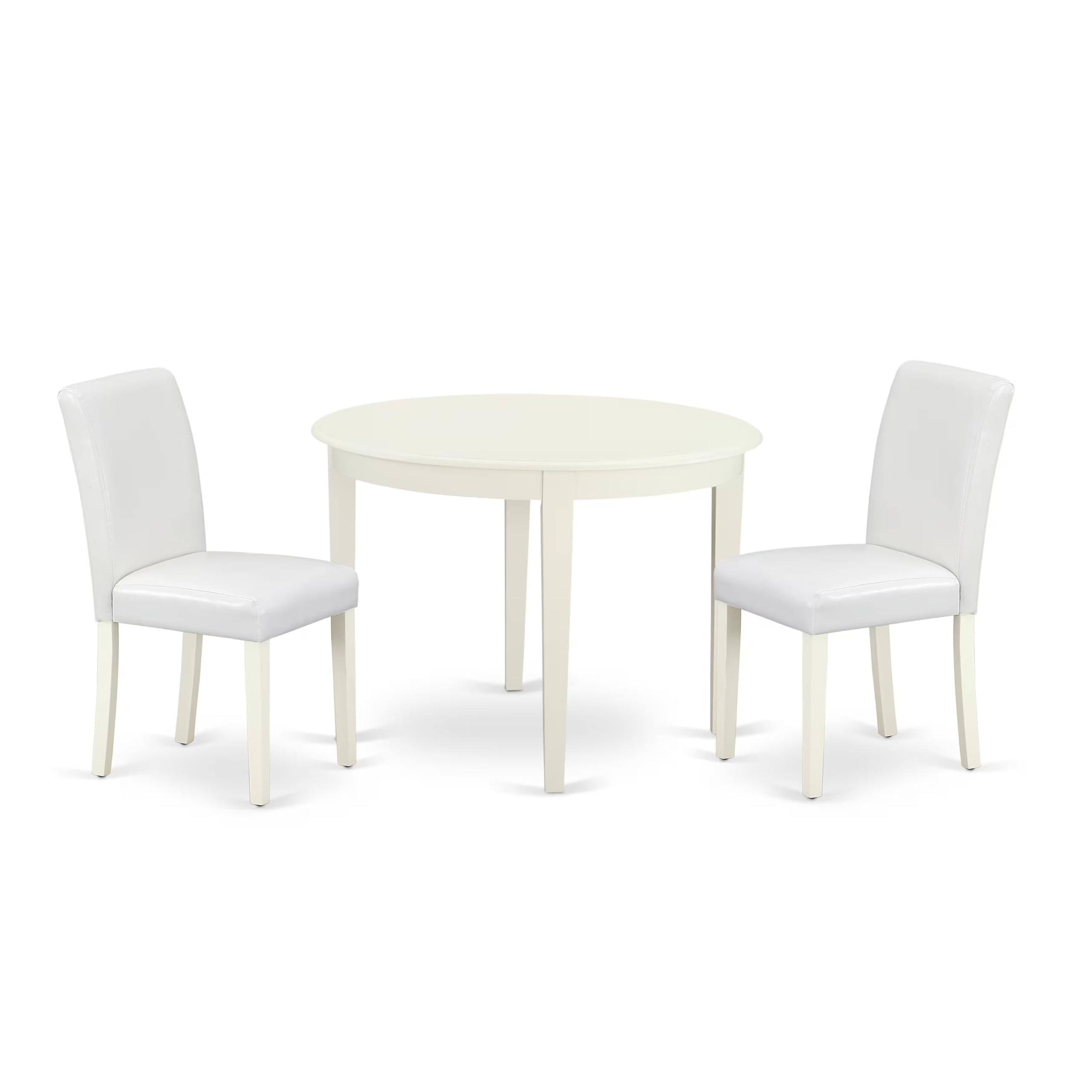 East West Furniture BOAB3-LWH-64 3 Piece Round Dining Set with 42x42 Inch Kitchen Table & 2 White Faux Leather Chairs, Linen White - Perfect for Small Spaces, Breakfast Nooks & Cozy Apartment Dining
