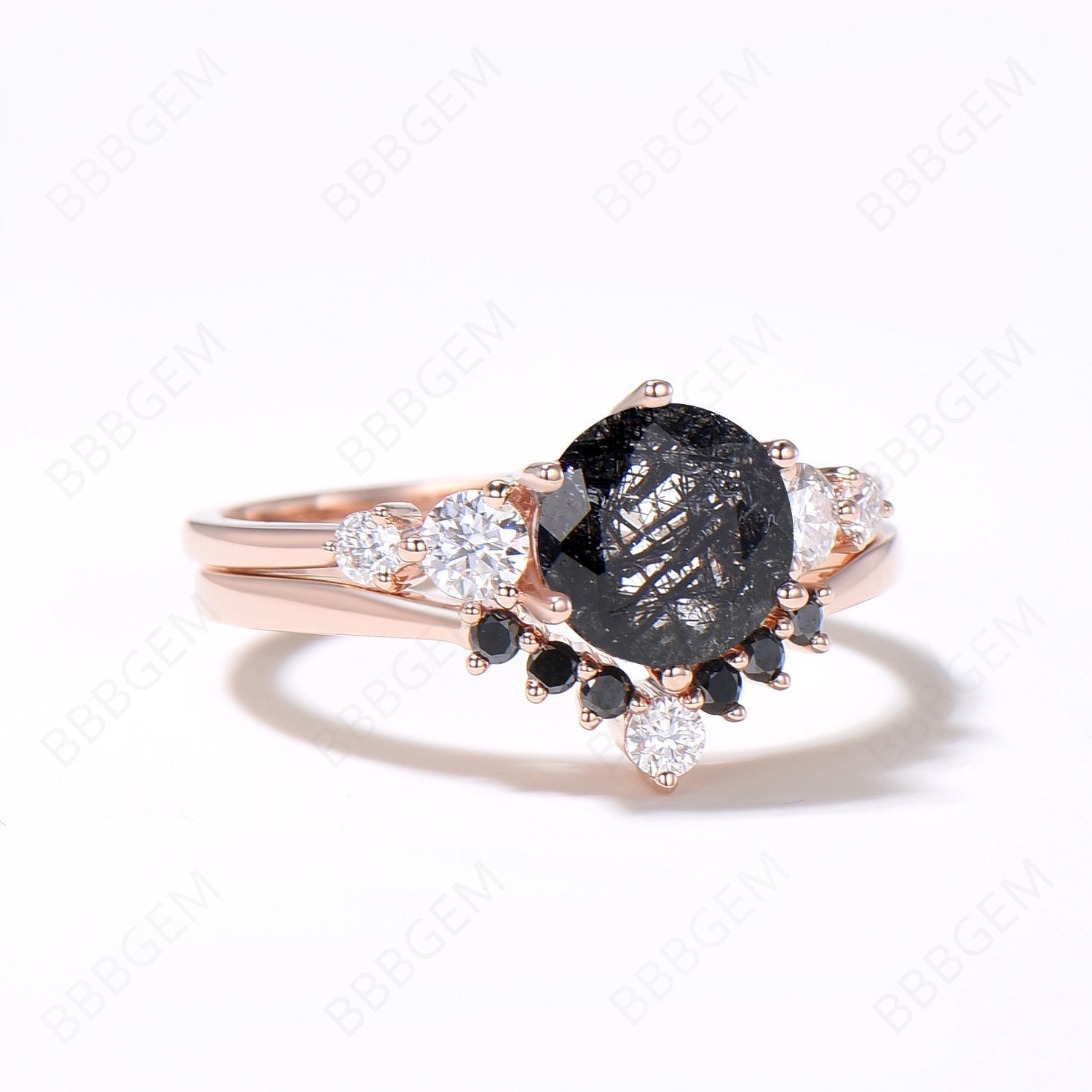 Vintage 5-Stone Round Cut Natural Black Rutilated Quartz & Moissanite Engagement Ring Set in 14k Rose Gold with Black Diamonds – Perfect for Bridal, Wedding, and Anniversary Gifts