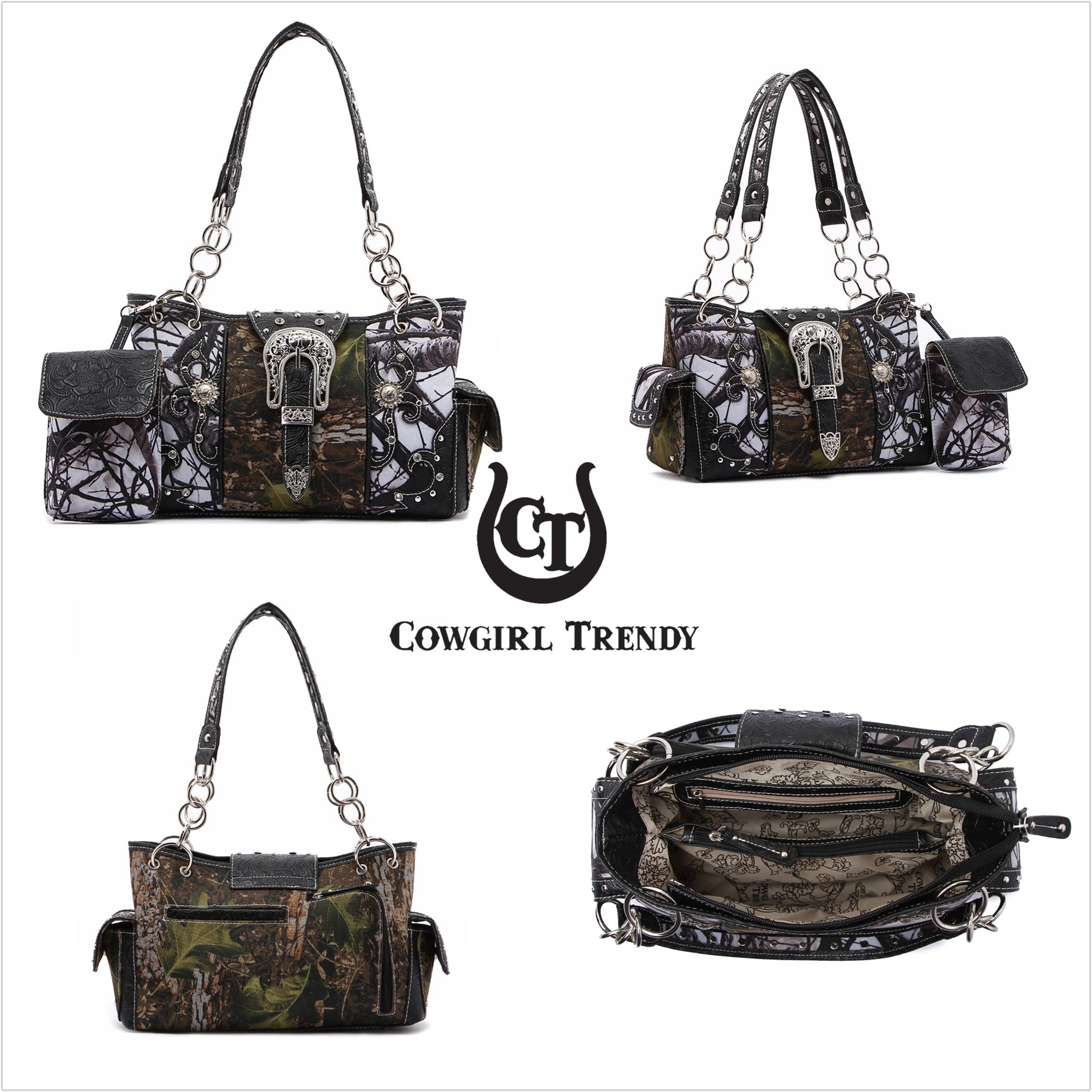 Western Style Camouflage Crossbody Handbag with Concho Buckle & Floral Tooling - Women's Shoulder Purse with Studs & Matching Wallet Set - Perfect for Country Concerts, Rodeos & Western Fashion Outfits