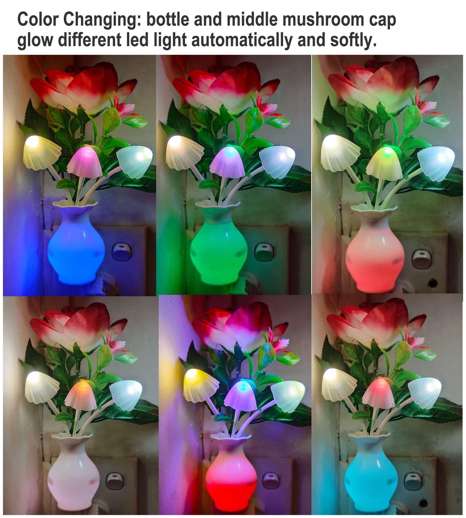 AUSAYE 2 Pack Color Changing LED Night Light Plug-in - Mushroom & Rose Flower Design for Kids Adults - Bedroom, Bathroom, Nursery, Kitchen, Basement - Perfect for Nighttime Safety and Ambiance Lighting