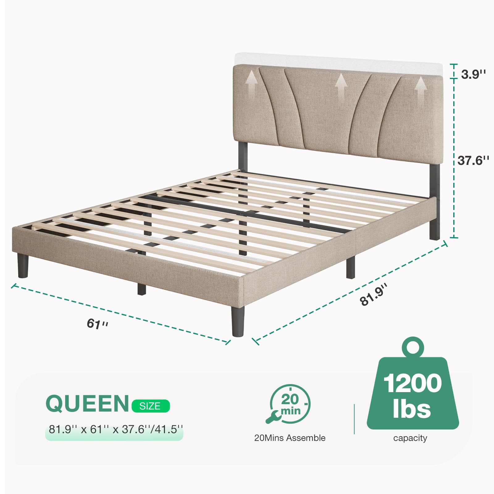 Novilla Queen Size Bed Frame with Upholstered Headboard - Wood Slat Support, No Box Spring Needed, Heavy Duty Metal Feet, Easy Assembly, Beige Fabric - Perfect for Master Bedroom, Guest Room & Apartment