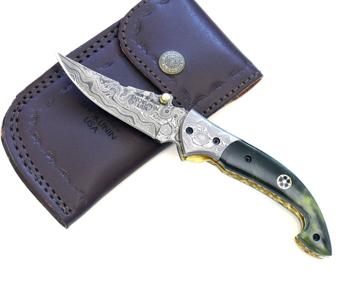 Premium Omni Damascus Steel Pocket Knife with Genuine Bone Handle & Leather Sheath - Perfect for Camping, Hiking, and Outdoor Adventures