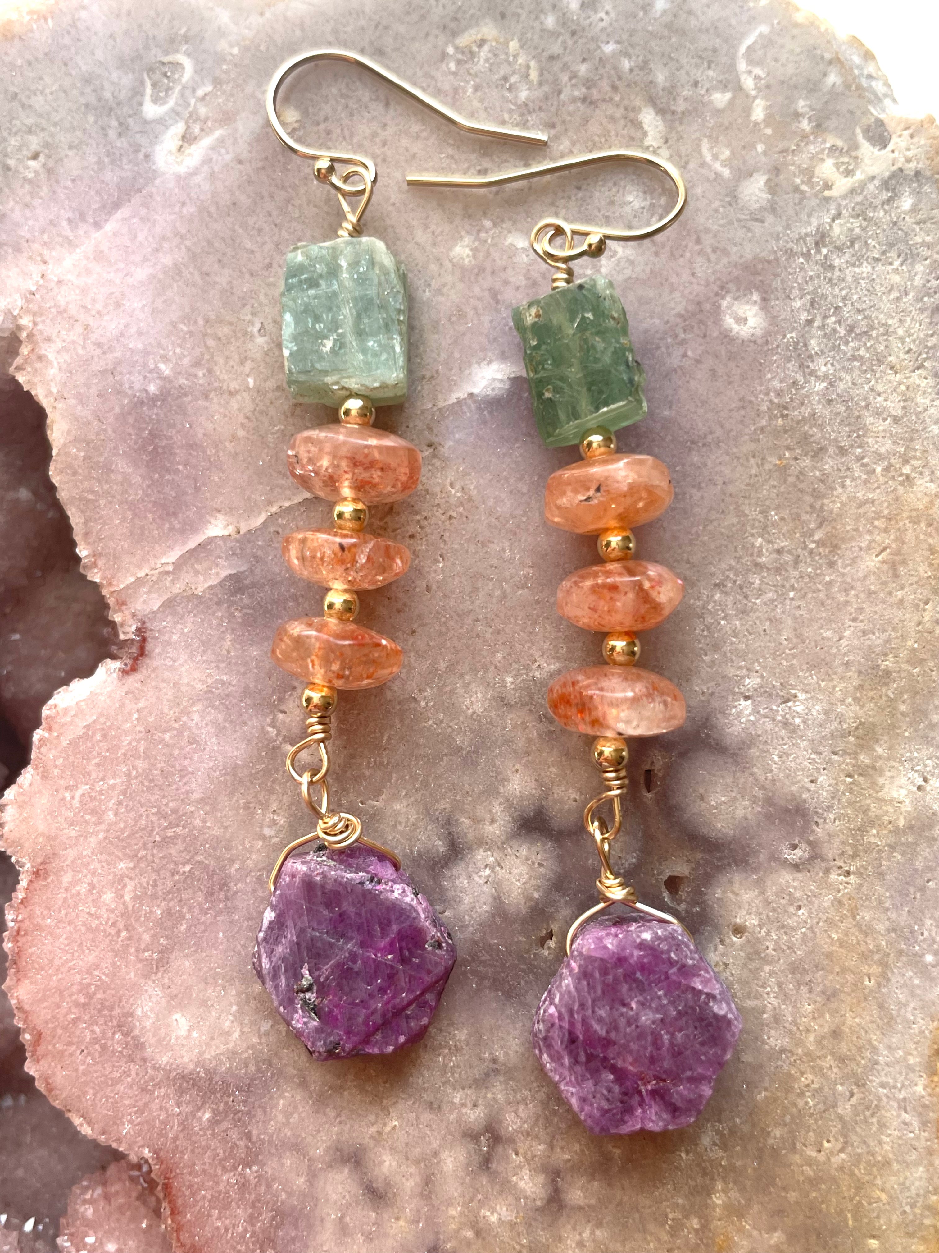 Unique Raw Ruby Sunstone Green Kyanite Statement Earrings for Women | Handmade Boho Jewelry | Perfect for Weddings, Parties & Special Occasions