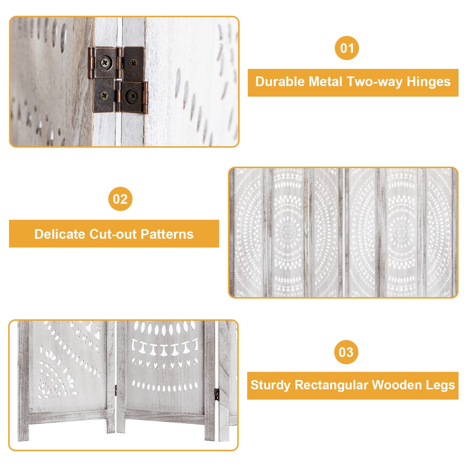 6 Panel White Wood Folding Room Divider Screen - 66.9 Inch Privacy Partition for Living Room, Bedroom & Office - No Assembly Needed - Perfect for Space Separation, Home Decor & Event Setup