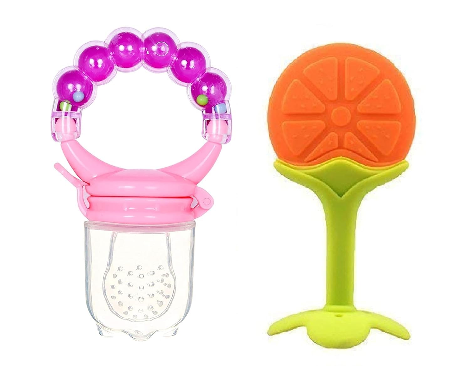 2 Pack Baby Soft Silicone Fruit-Shaped Orange Teether with Fresh Fruit & Vegetable Feeder - BPA Free, Safe for Infants 6+ Months - Perfect for Soothing Sore Gums During Teething & Introducing Solid Foods