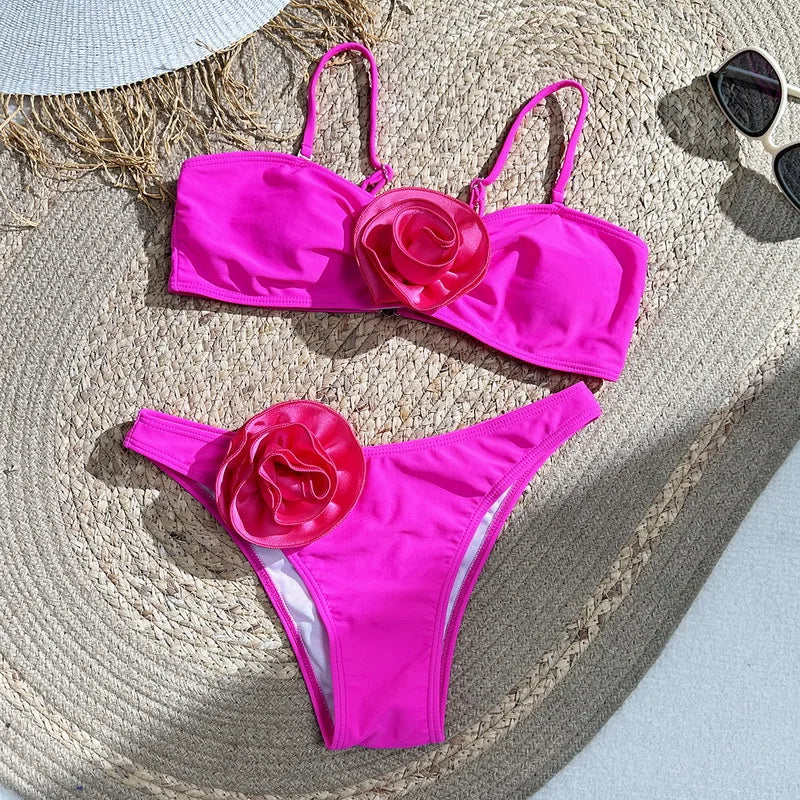 3D Floral Print Bandeau Bikini Set for Women - Sexy Brazilian Thong Swimwear, Bathing Suit Beachwear (S-XL) | Perfect for Summer Vacations, Pool Parties & Tropical Getaways