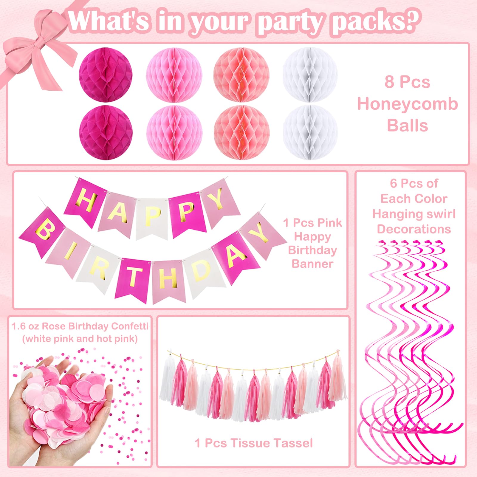 Pink Birthday Party Decorations Set - Happy Birthday Banner, Hanging Swirls, Confetti, Honeycomb Balls & Tissue Tassels for Girls' Birthday, Baby Shower & Anniversary Celebrations