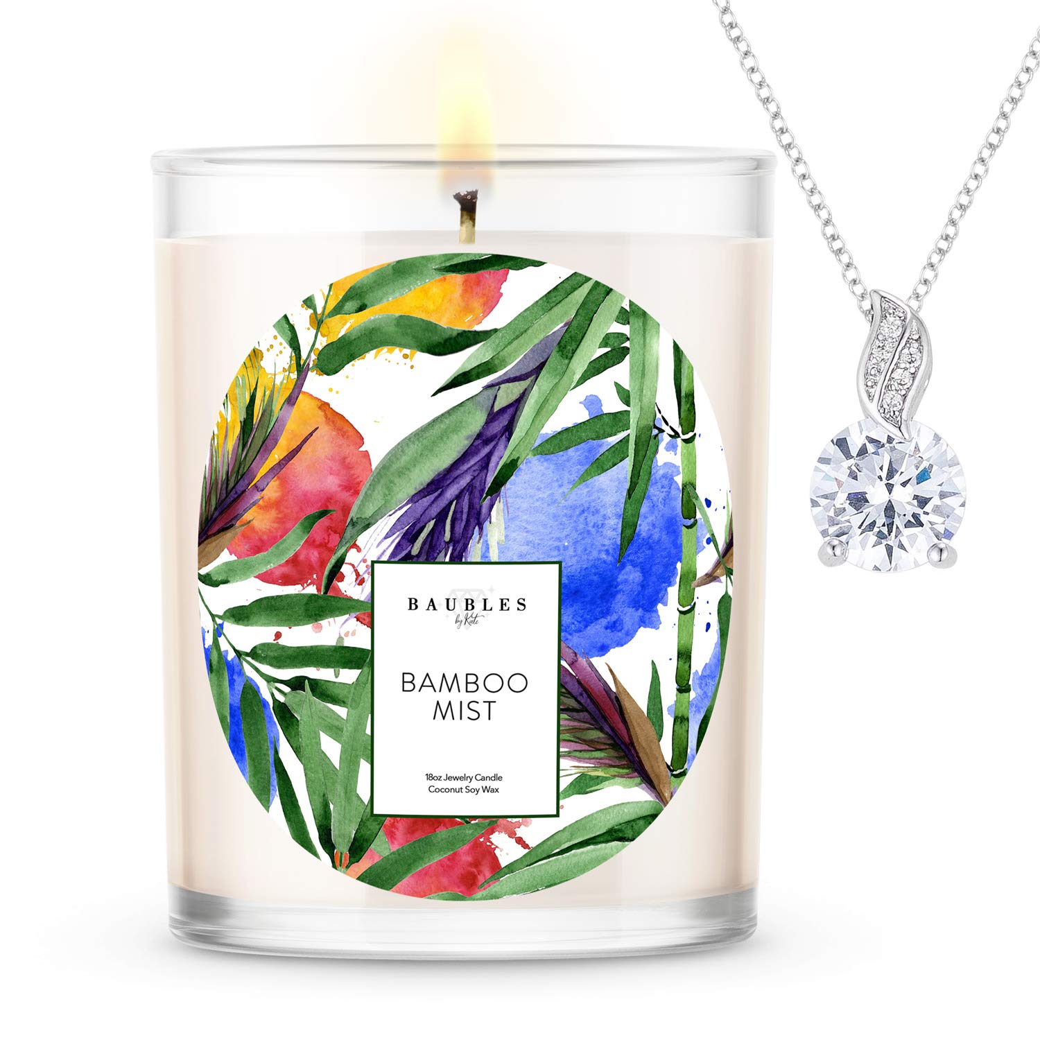 Kate Bissett Baubles Bamboo Scented Premium Candle with Hidden Jewelry Pendant | 18oz Large Soy Candle | Handmade in USA | Paraben & Paraffin Free | Perfect for Home Decor, Spa Relaxation & Gift Giving