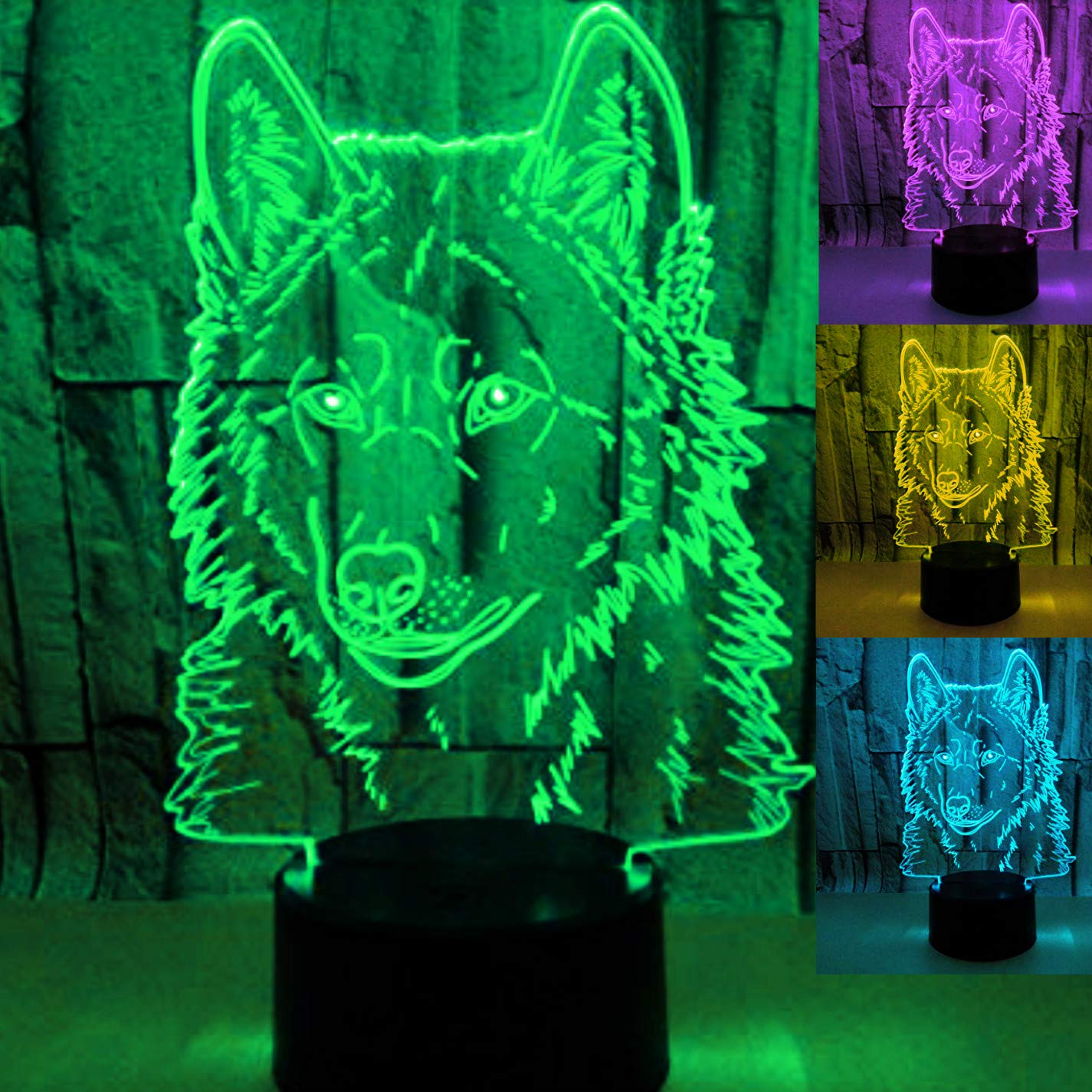 3D Wolf Dog Night Light LED Touch Table Lamp - 7 Color Changing Optical Illusion Desk Decor for Kids Room, Birthday Gift, Christmas Home Decor, Bedside Nightlight for Children's Bedroom