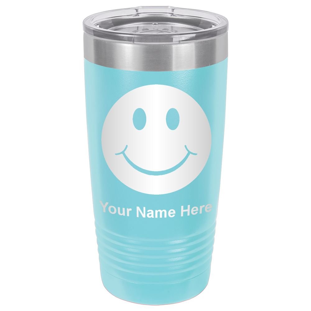 LaserGram 20oz Vacuum Insulated Stainless Steel Tumbler Mug with Lid - Custom Engraved Happy Face Design, Light Blue - Keeps Drinks Hot/Cold for Hours - Perfect for Office, Gym, Travel & Outdoor Activities