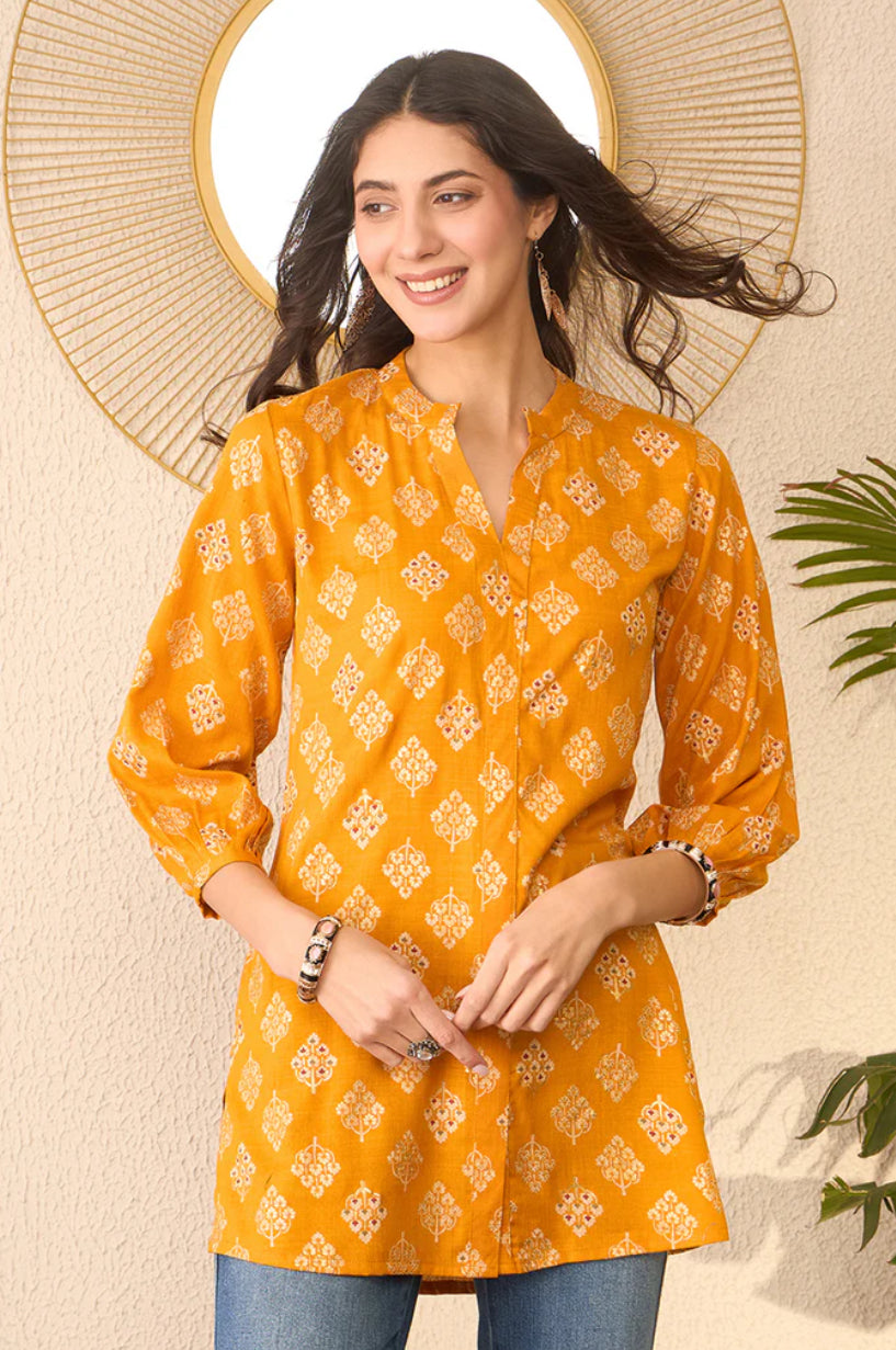 Stylish Yellow Cotton Blend Floral Printed Tunic Top for Women - Casual Summer Wear, Beach Cover-Up & Boho Outfit