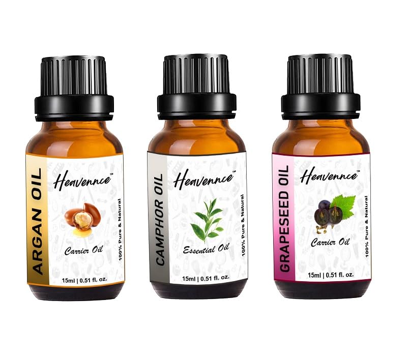 Premium Argan Oil, Camphor Oil & Grapeseed Oil Trio Set - Vitamin E Enriched for Anti-Aging | Deep Moisturizer for Skin & Hair Care | 3-Pack (45ml Each) | Perfect for Daily Skincare Routine & Hair Treatment