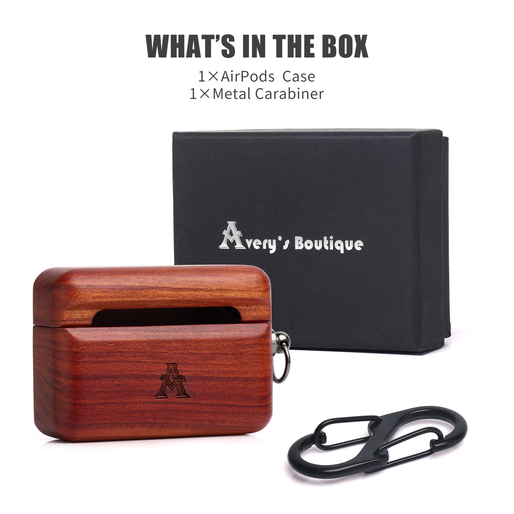 Wood AirPods Case for AirPods Pro - Protective Cover with Carabiner (Rose) for Travel & Outdoor