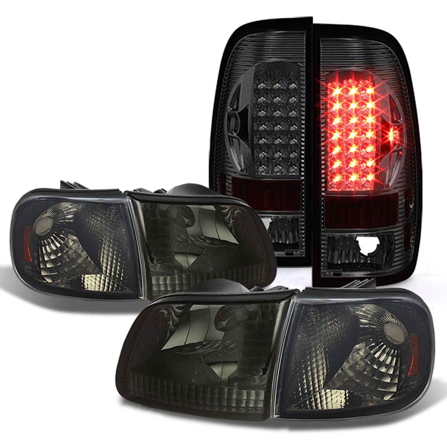 AKKON Smoked Headlights & LED Tail Lights for 1997-1999 Ford F250, 1997-2003 F150, 2004 F-150 Heritage - Complete Pair (LH+RH) - Upgrade Your Truck's Style & Night Visibility for Off-Roading & Daily Driving