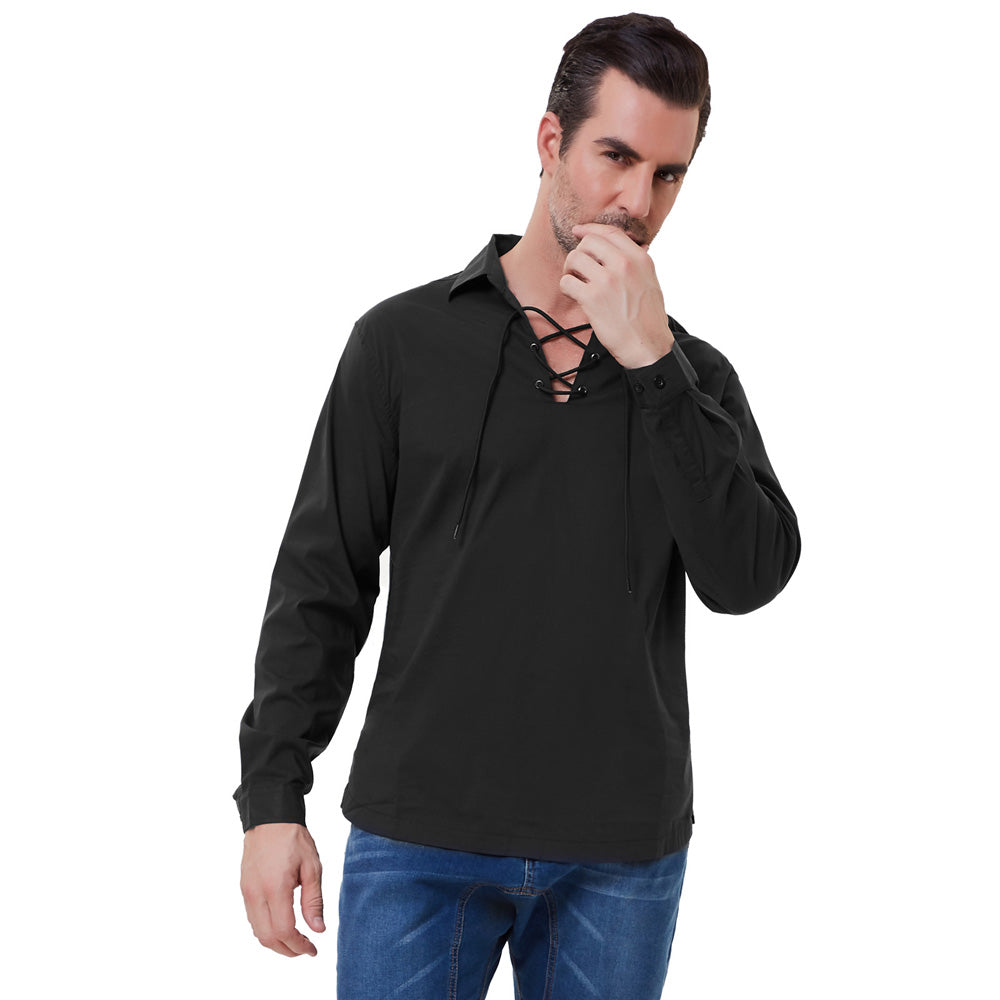 Men's Scottish Jacobite Ghillie Kilt Shirt - Lace Up Pirate Renaissance Pullover Long Sleeve Top for Cosplay, Historical Reenactment & Highland Games