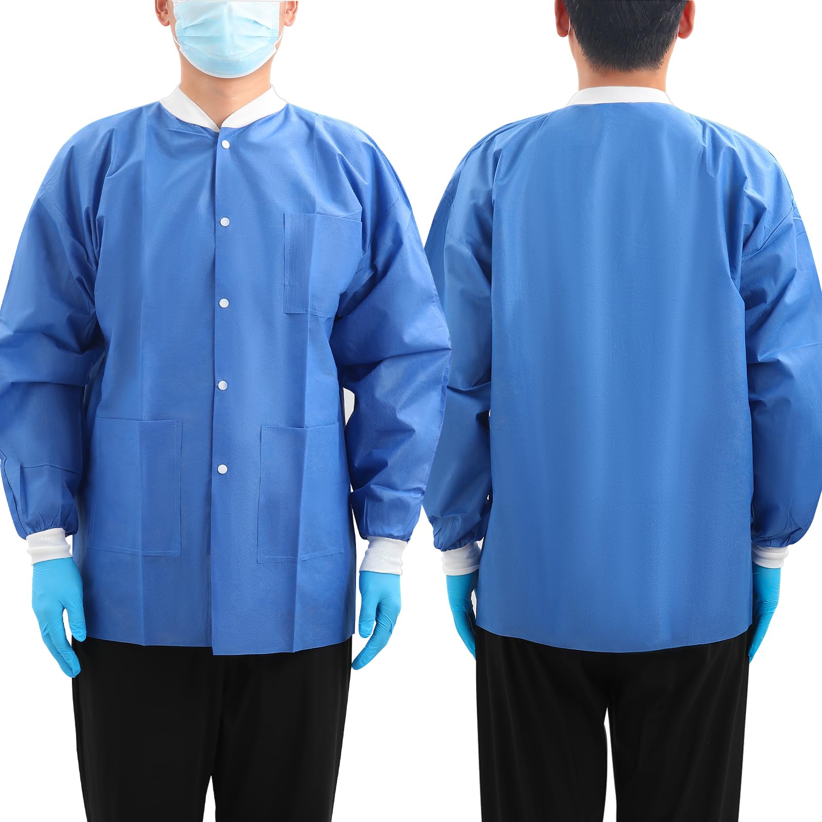 JMU 10-50 Pack Disposable Lab Coats for Men & Women - SMS Medical Jackets with Knit Cuffs & Collar, 3 Pockets - Ideal for Hospitals, Labs, Cleanrooms & Healthcare Workers