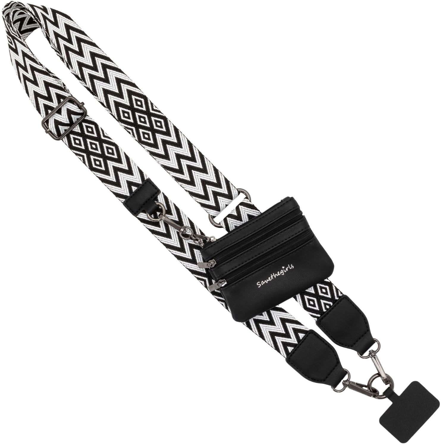 Chevron Black & White Crossbody Phone Lanyard with Zipper Wallet Pouch - Secure Hands-Free Phone Strap for Travel, Shopping & Events - Clip & Go Design for iPhone, Android & Smartphones
