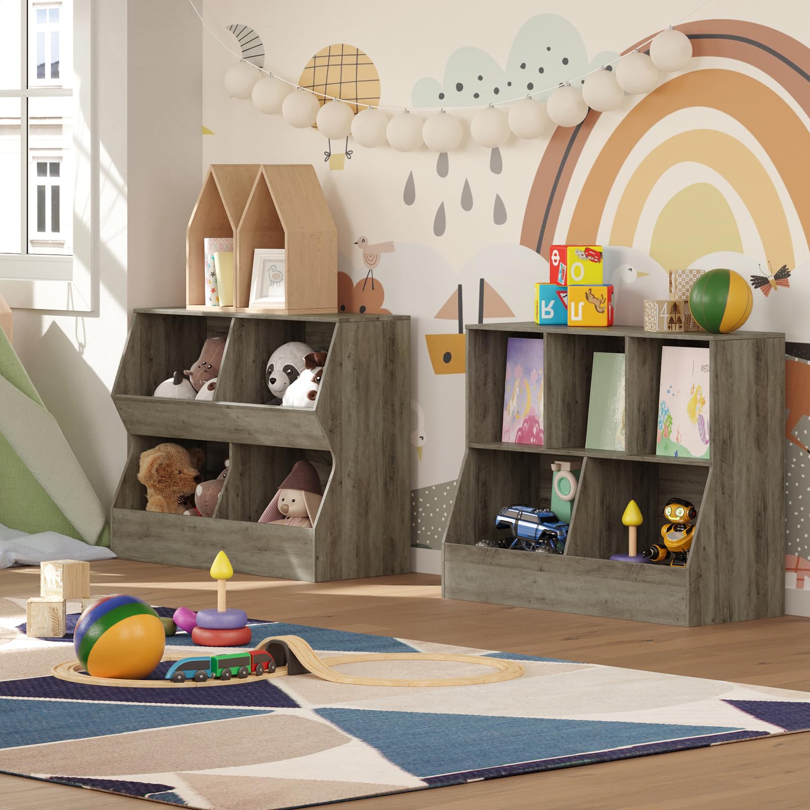 DINZI LVJ Kids Bookshelf & Toy Storage Organizer - 4-Cubby Wooden Bookcase for Children's Bedroom, Nursery, School | 31.5