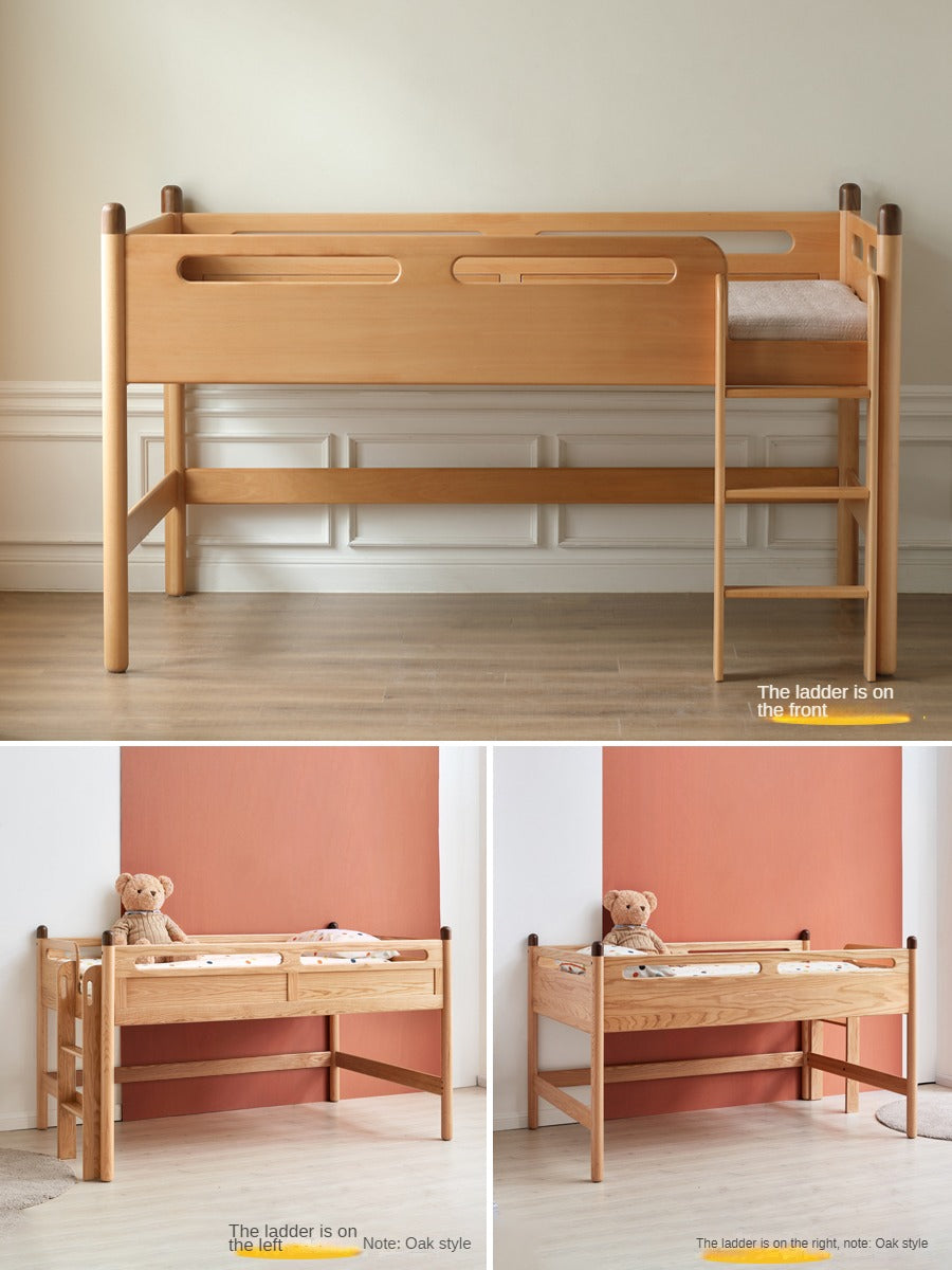 Solid Oak Wood Mid-High Bed with Slanted Ladder - Sturdy Adult Loft Bed for Small Spaces, Dorm Rooms & Modern Apartments