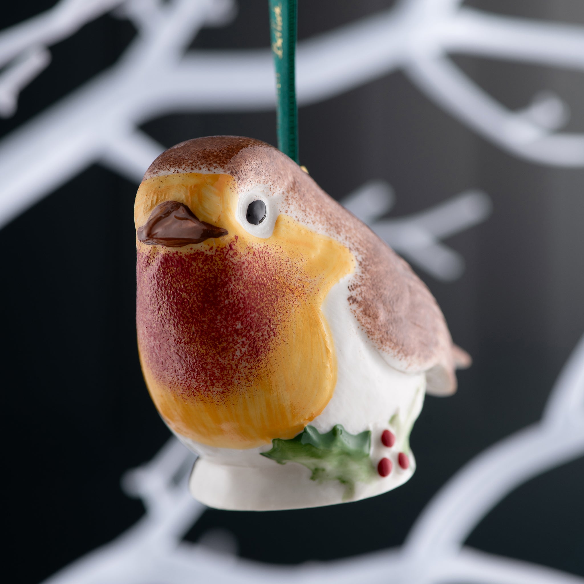 Belleek Classic Robin with Holly Hanging Christmas Ornament - Handcrafted Ceramic Holiday Decor for Tree, Gift, and Festive Home Decoration