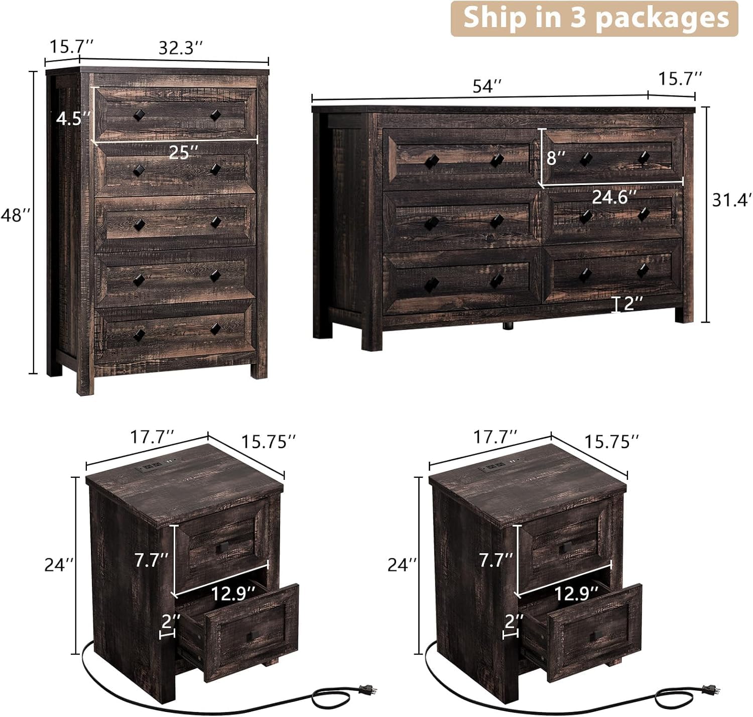 Farmhouse Bedroom Furniture Set - 4 Piece Rustic Wood Dresser & Nightstand with Charging Station | 6-Drawer Storage Dresser, 5-Drawer Dresser & 2 Nightstands | Black Farmhouse Style Bedroom Decor for Cozy Home & Guest Room Setup