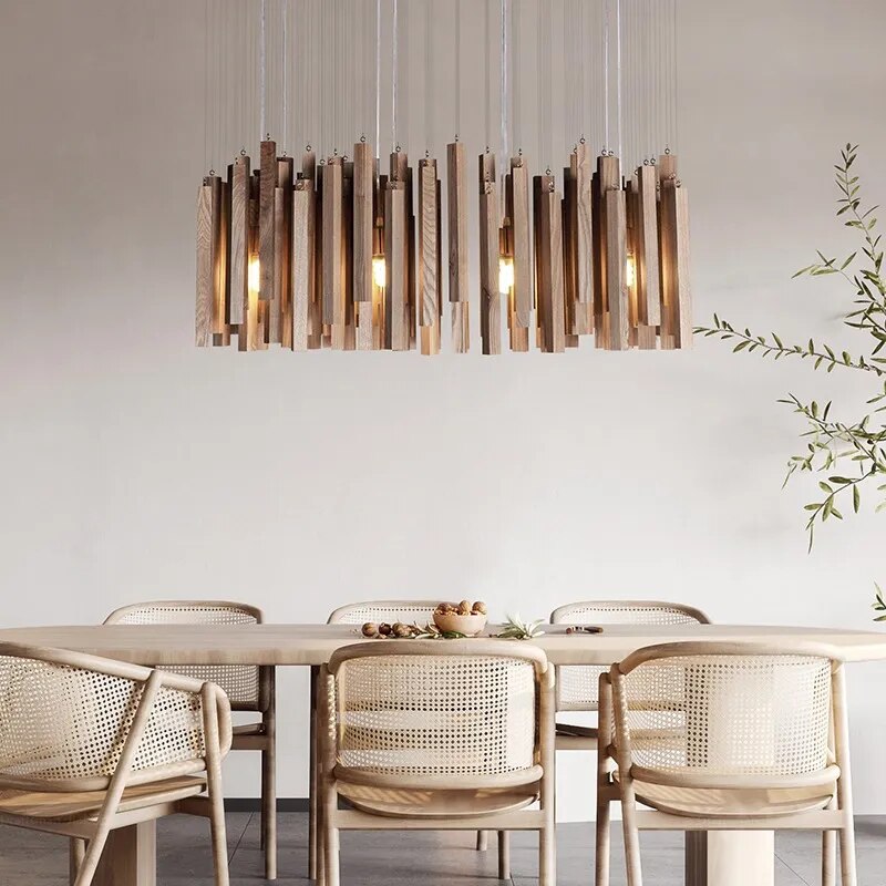 Solid Oak Wood Hanging Chandelier - Rustic Farmhouse Ceiling Light Fixture for Dining Room, Kitchen Island & Bedroom Decor