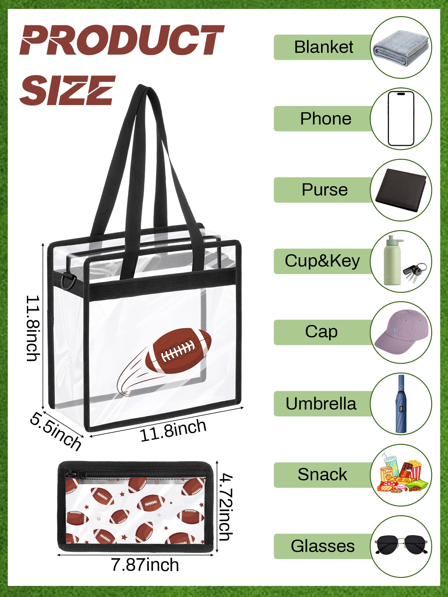 Stadium Approved Clear Football Tote Bag 12x12x6 Inches - Transparent Sports Purse for Women, Moms & Cheerleaders - Perfect for Game Day, Concerts & Events (Great Gift for Football Fans & Sports Lovers)
