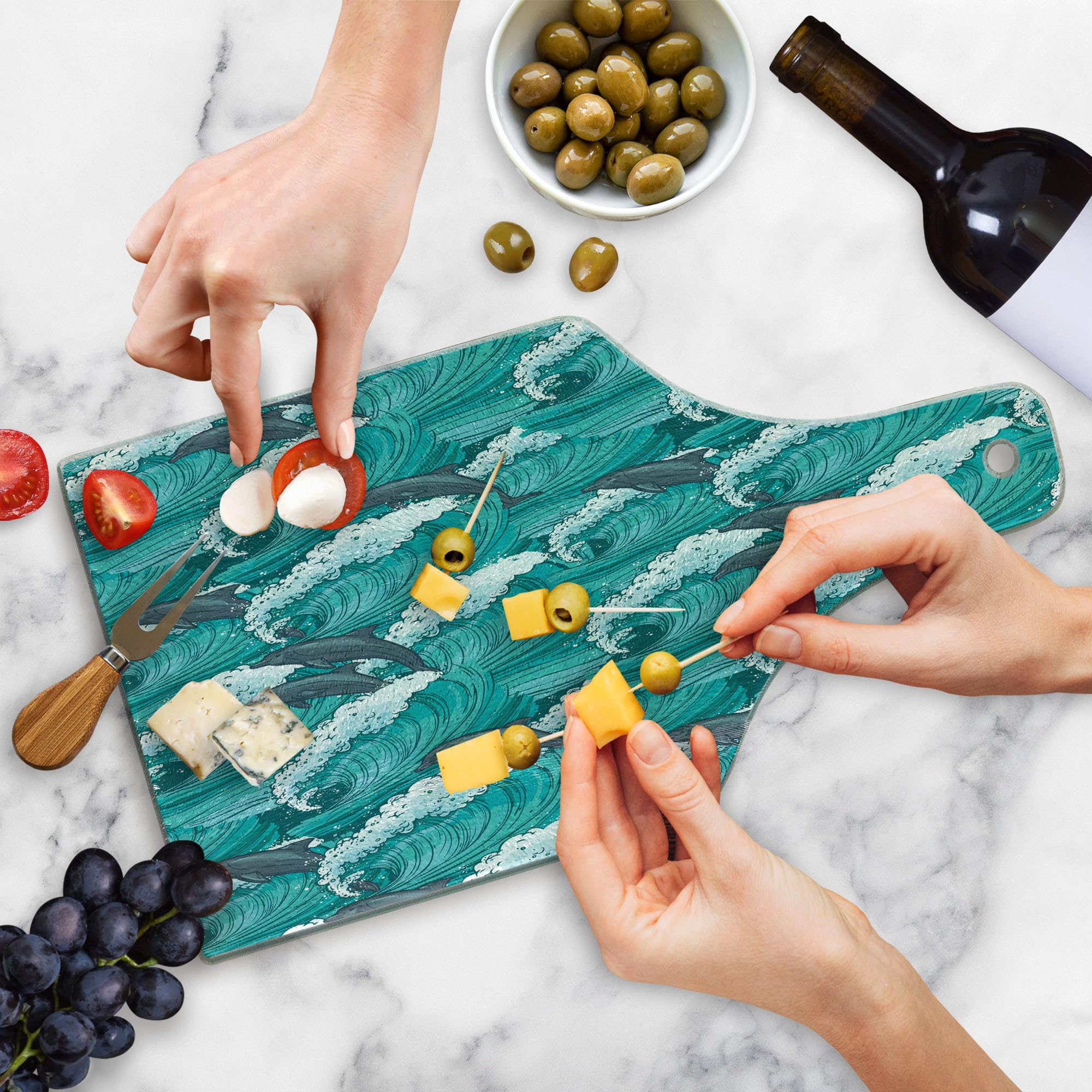 Ambesonne Sea Animals Cutting Board - Wavy Ocean with Dolphins Windy Surfing Doodle Style Art Print - Tempered Glass Serving Board for Kitchen & Entertaining - Wine Bottle Shape in Charcoal Grey Teal White - Perfect for Cheese Platters, Charcuterie & Wine Pairings